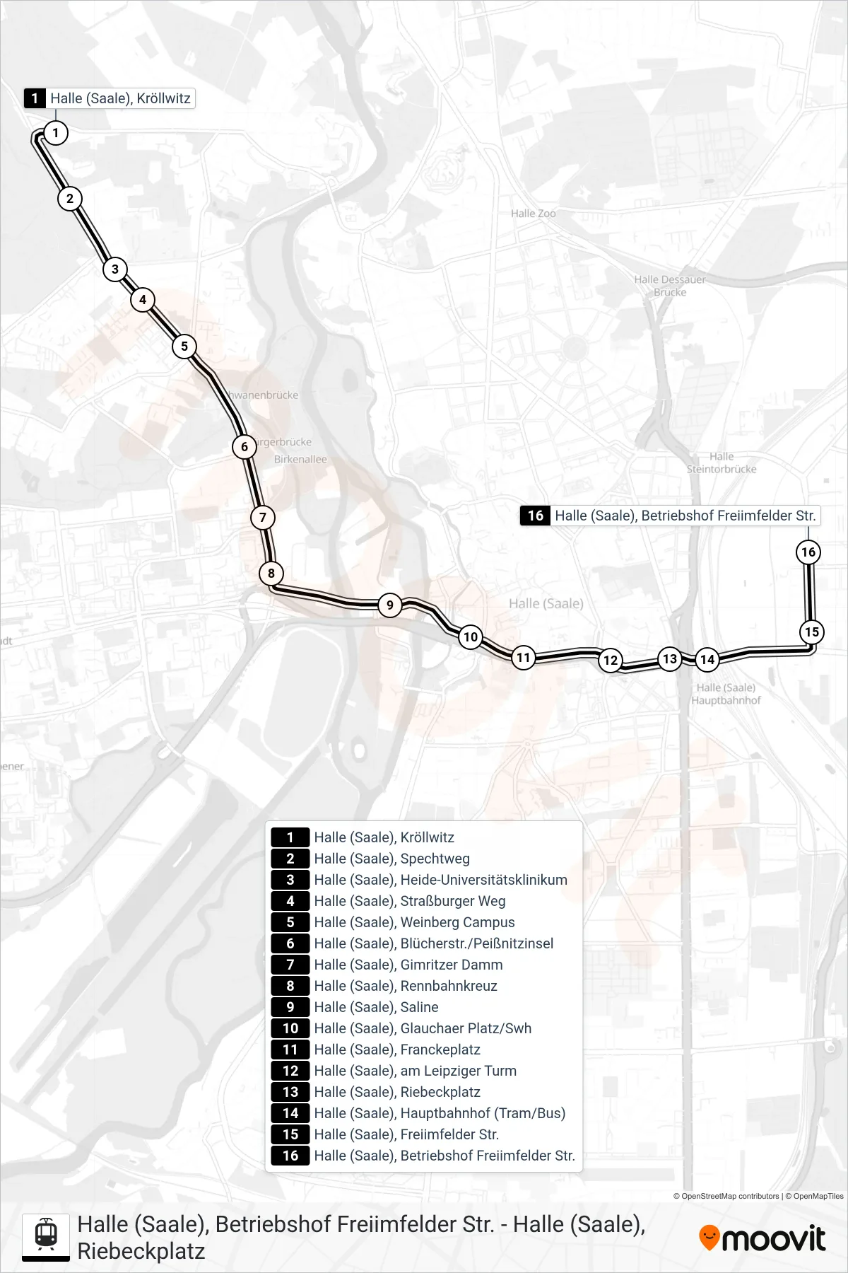 Linie E (Straßenbahn) Richtung Halle (Saale), Betriebshof Freiimfelder Str.: Route und Haltestellen auf der Karte