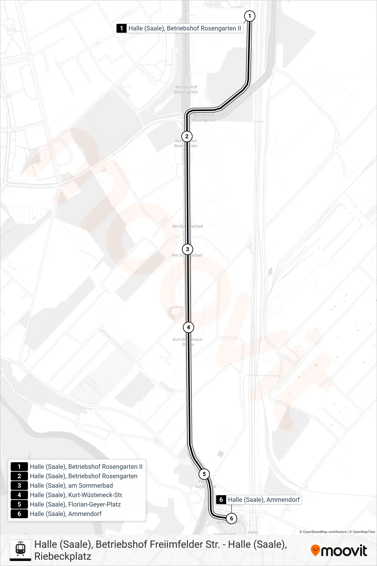 E light rail Line (Halle (Saale), Ammendorf) route and stops on a map