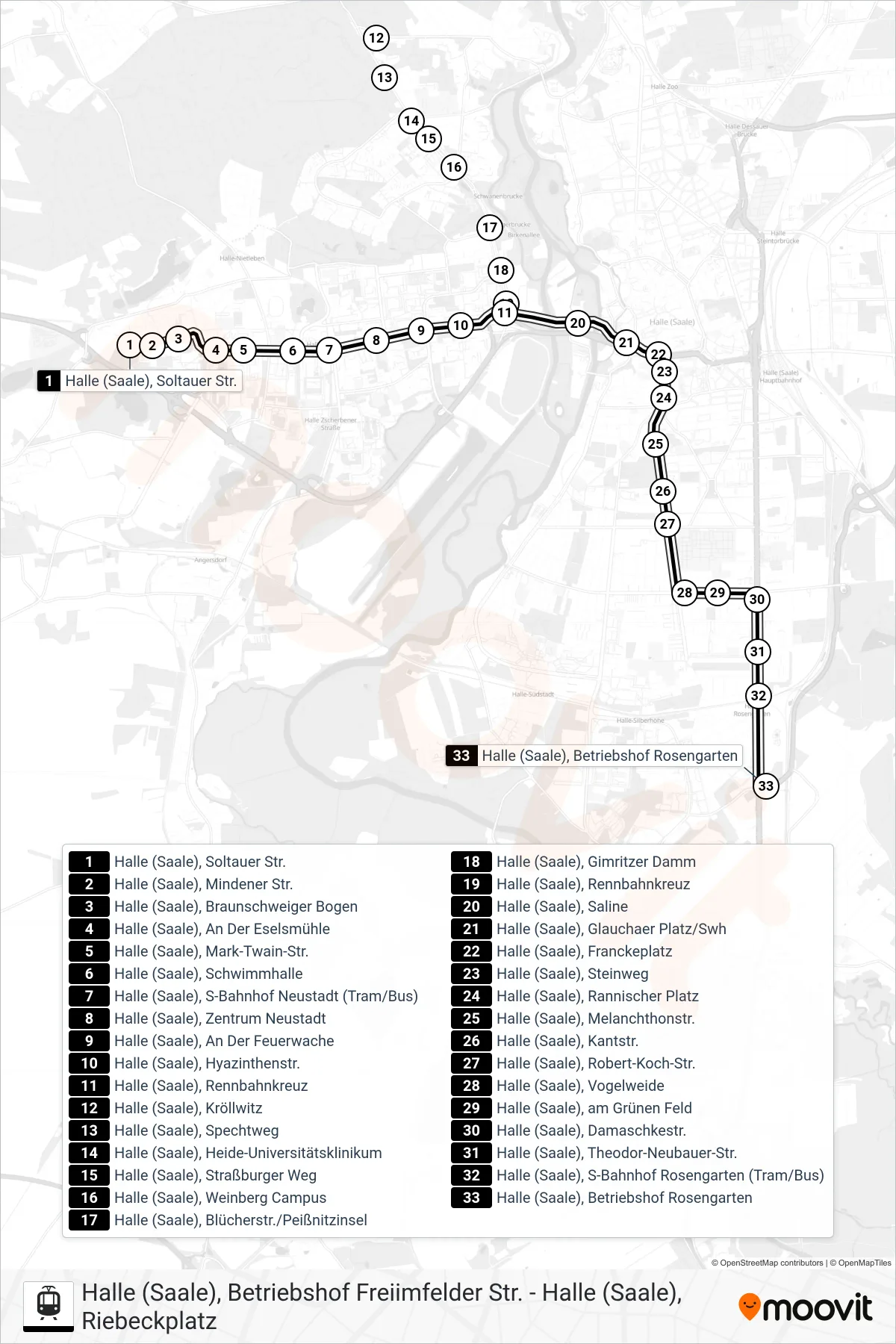 E light rail Line (Halle (Saale), Betriebshof Rosengarten) route and stops on a map