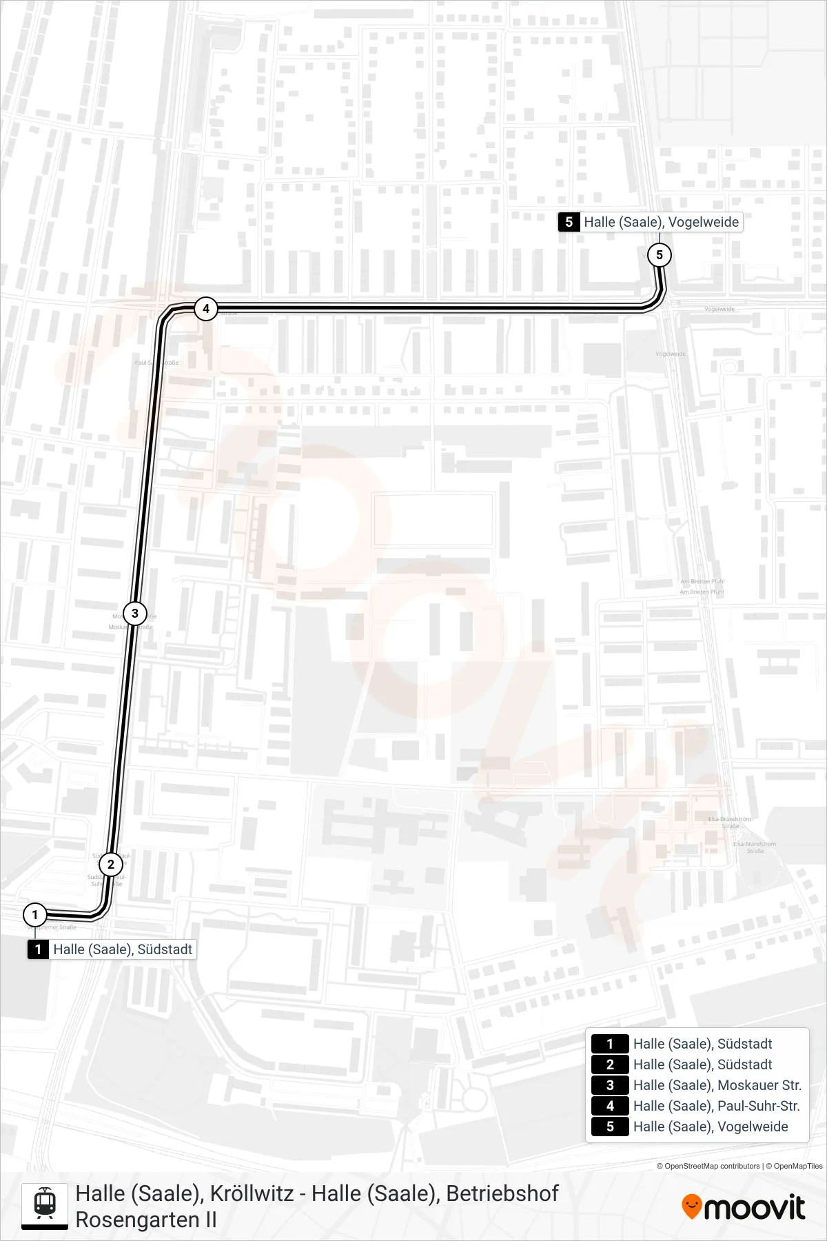 Linie E (Tram) Richtung Halle (Saale), Vogelweide: Route und Haltestellen auf der Karte