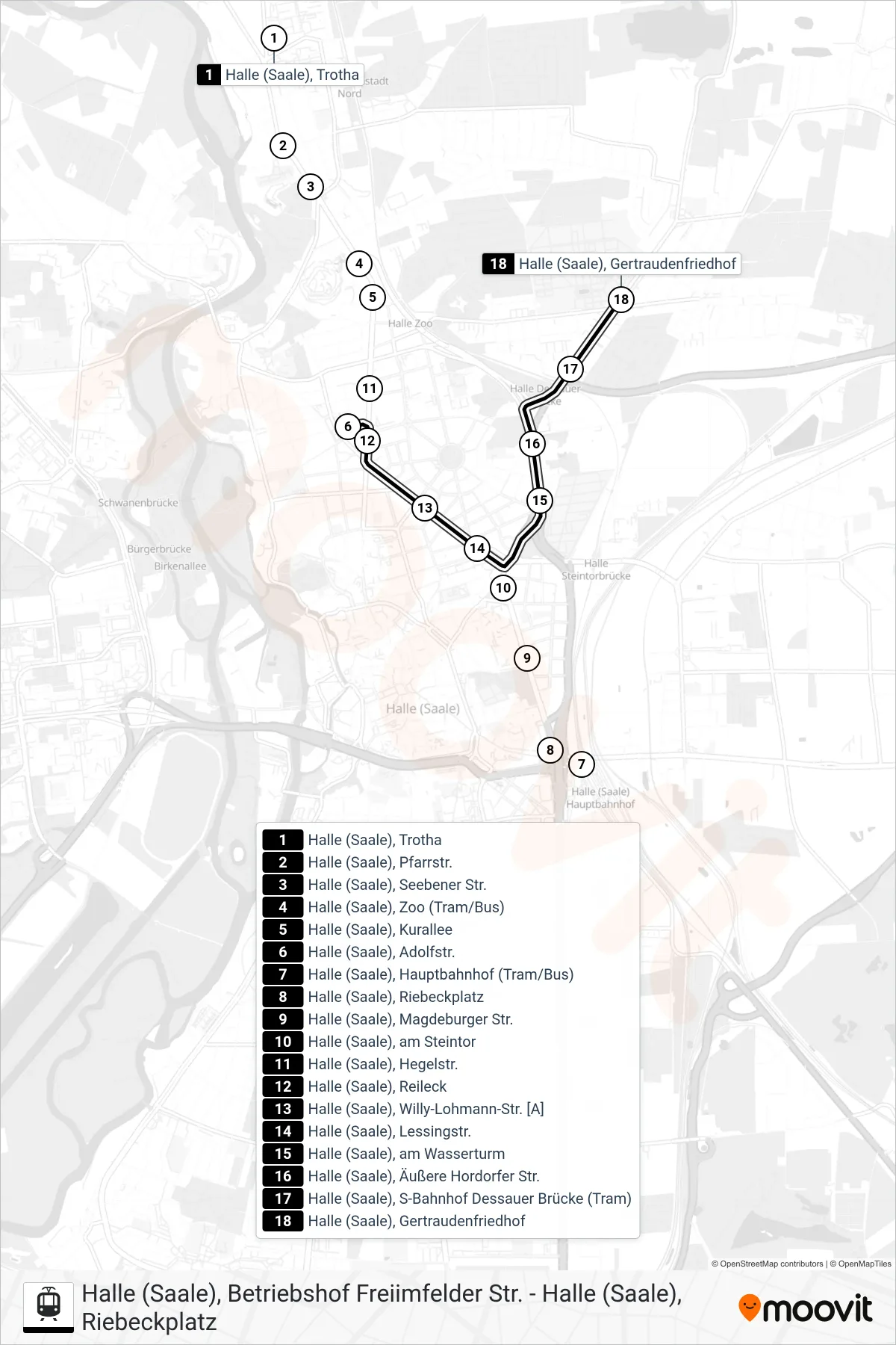 Linie E (Tram) Richtung Halle (Saale), Gertraudenfriedhof: Route und Haltestellen auf der Karte