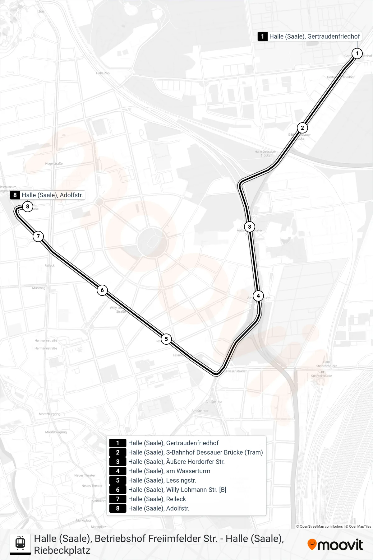 E tram Line (Halle (Saale), Adolfstr.) route and stops on a map