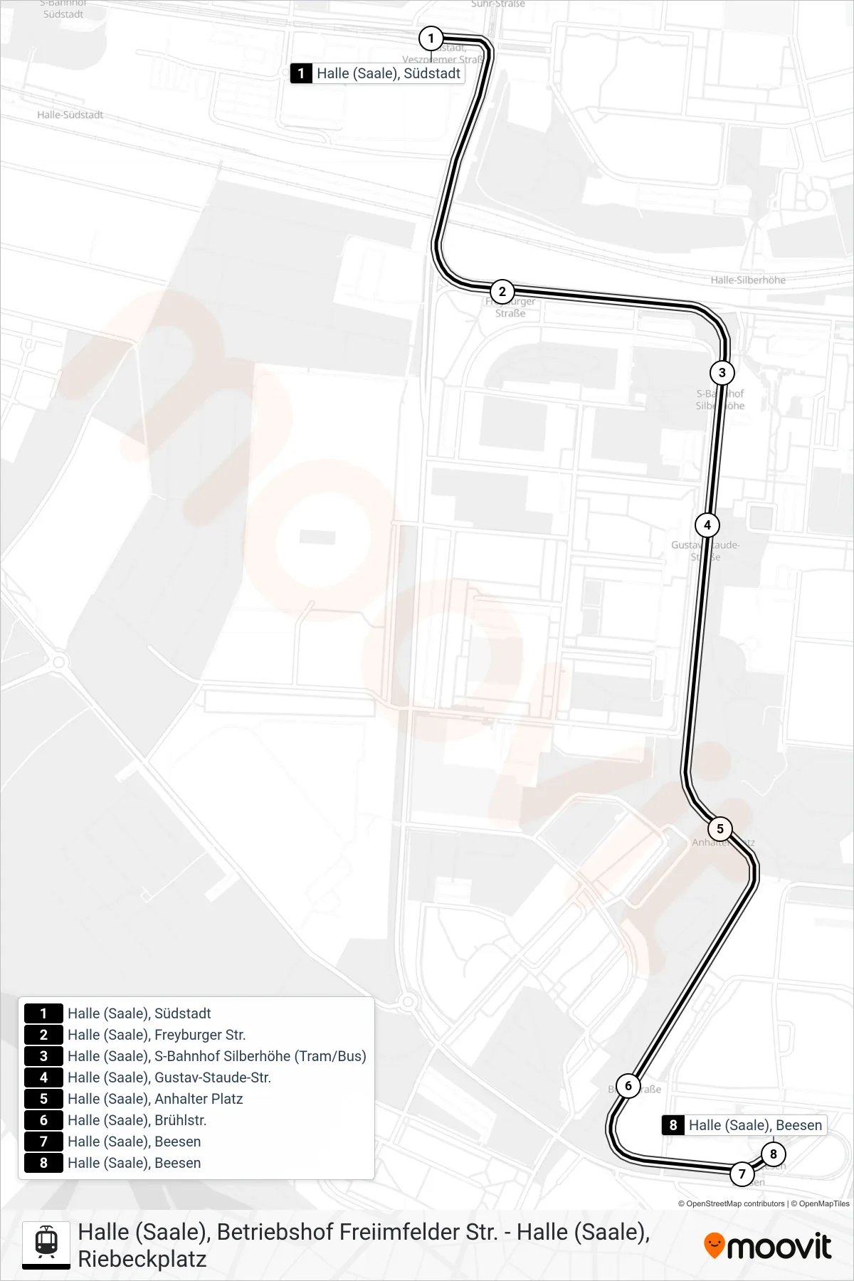 Linie E (Straßenbahn) Richtung Halle (Saale), Beesen: Route und Haltestellen auf der Karte