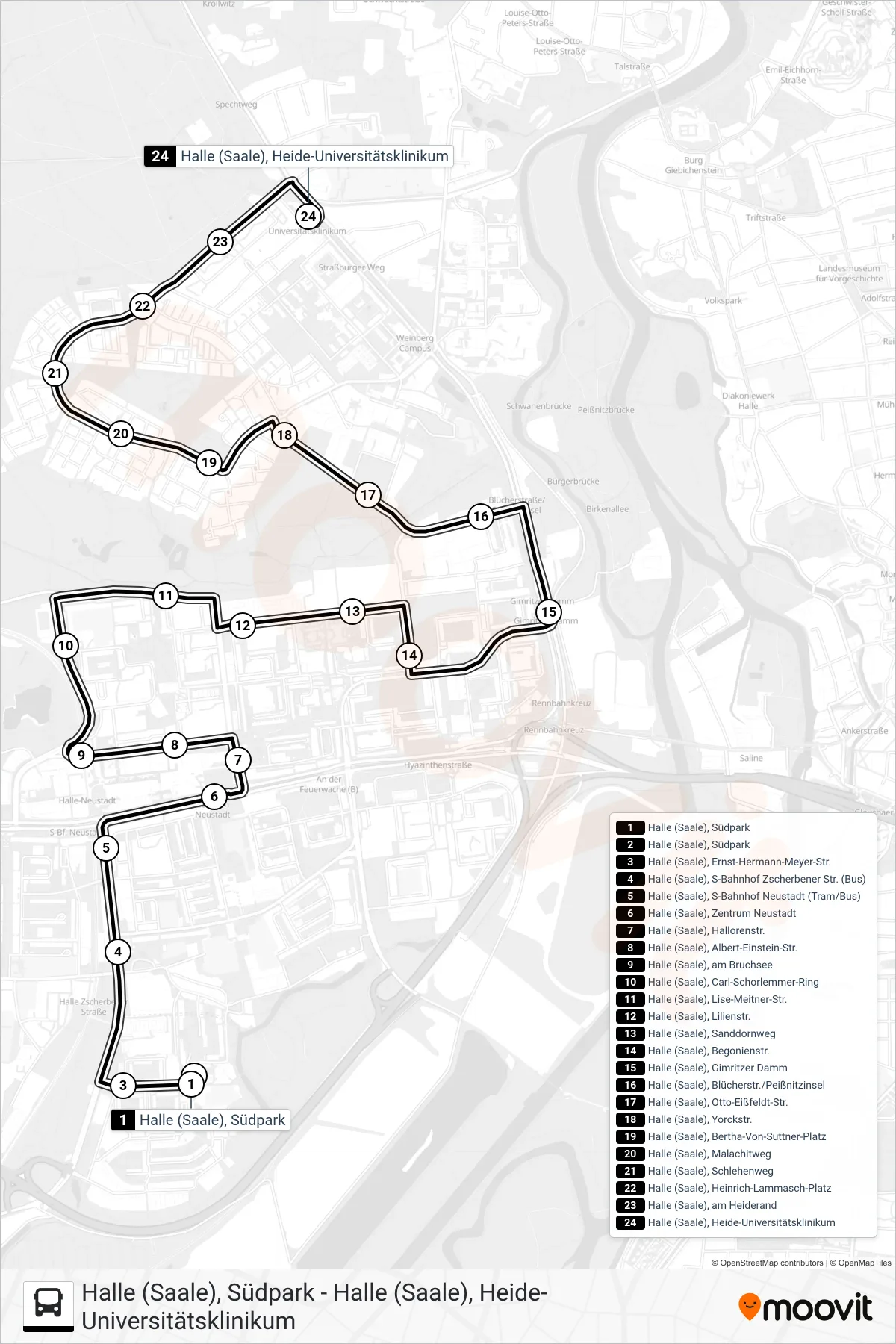 Linie 34 (Bus) Richtung Halle (Saale), Heide-Universitätsklinikum: Route und Haltestellen auf der Karte