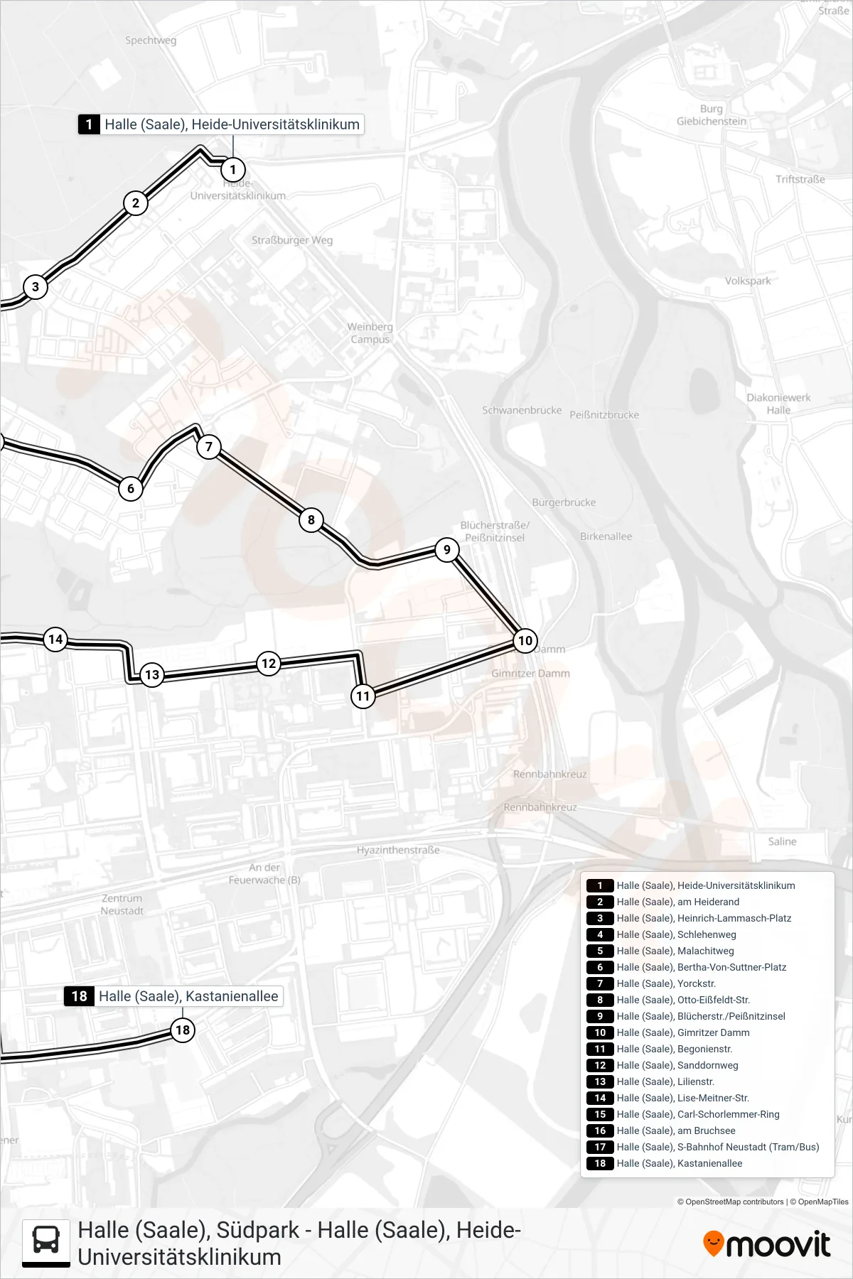 34 bus Line (Halle (Saale), Kastanienallee) route and stops on a map
