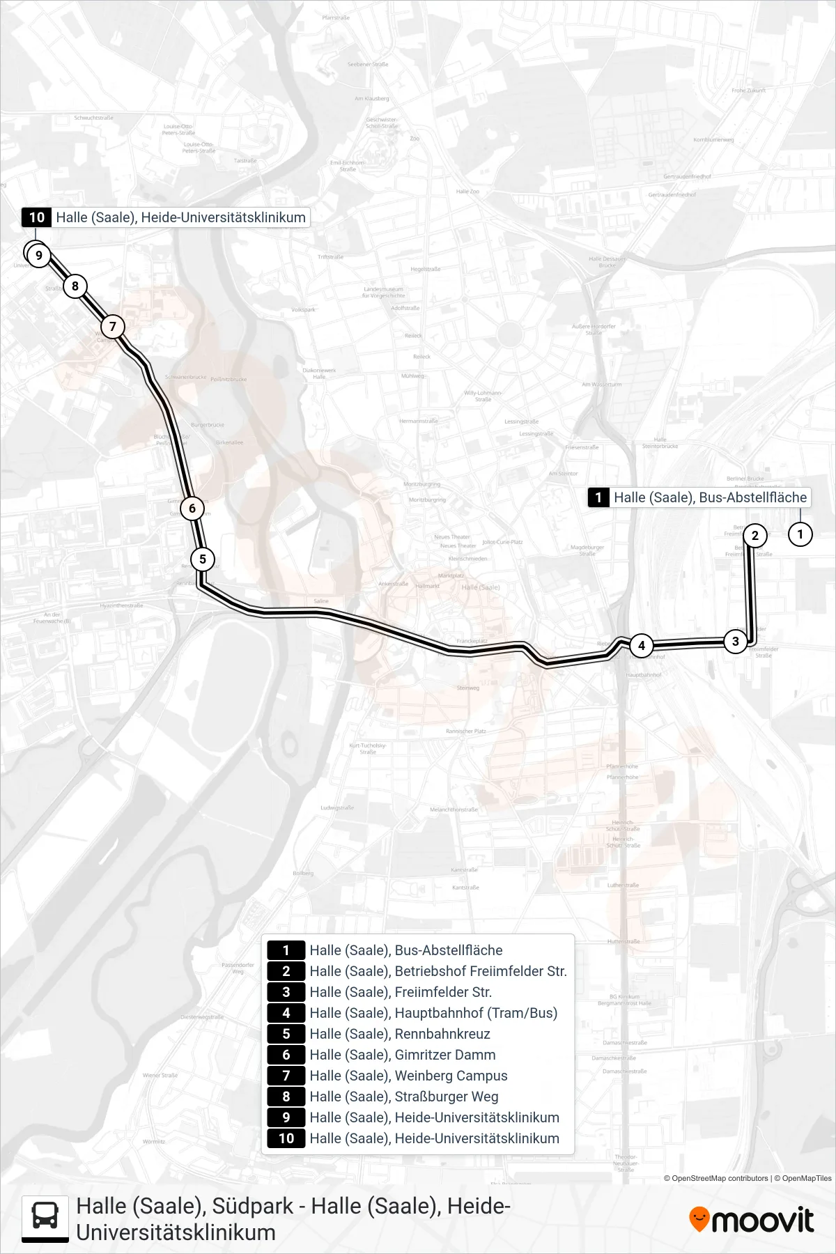 34 bus Line (Halle (Saale), Heide-Universitätsklinikum) route and stops on a map
