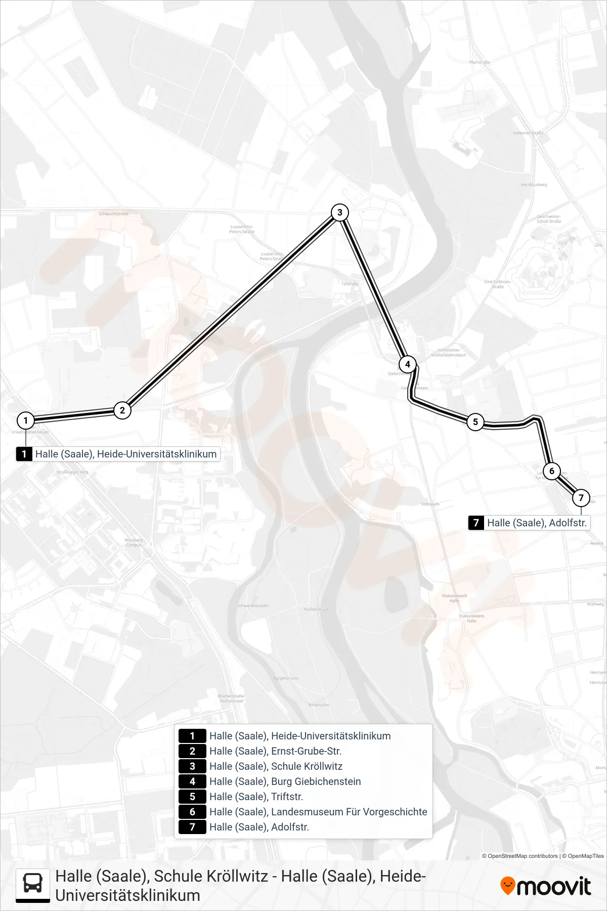 52 bus Line (Halle (Saale), Adolfstr.) route and stops on a map