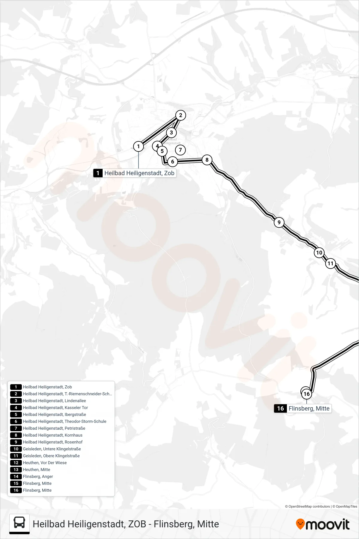 5 bus Line (Flinsberg, Mitte) route and stops on a map