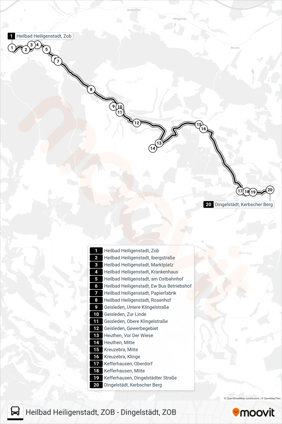 6 bus Line (Dingelstädt, Kerbscher Berg) route and stops on a map