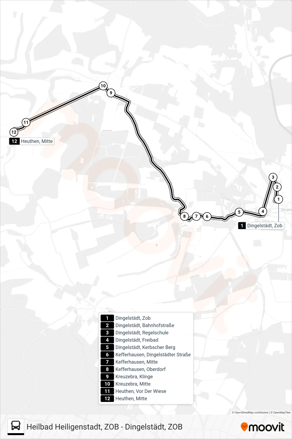 6 bus Line (Heuthen, Mitte) route and stops on a map