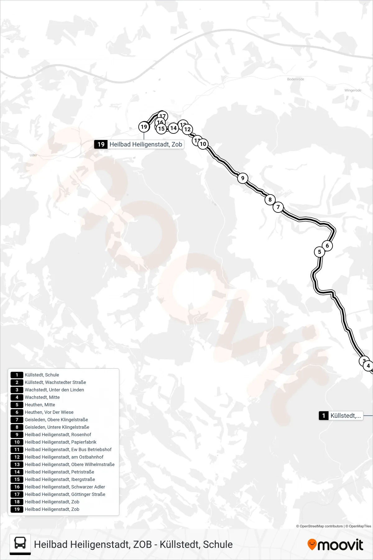 7 bus Line (Heilbad Heiligenstadt, Zob) route and stops on a map