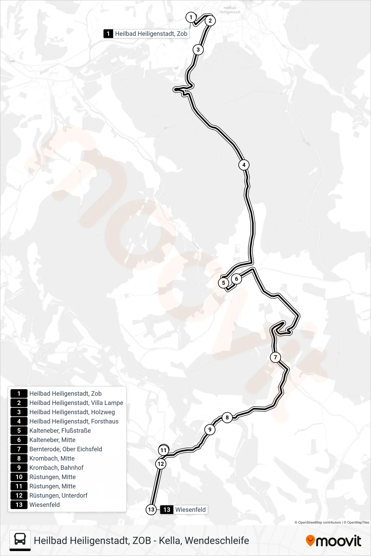 Linie 9 (Bus) Richtung Wiesenfeld: Route und Haltestellen auf der Karte