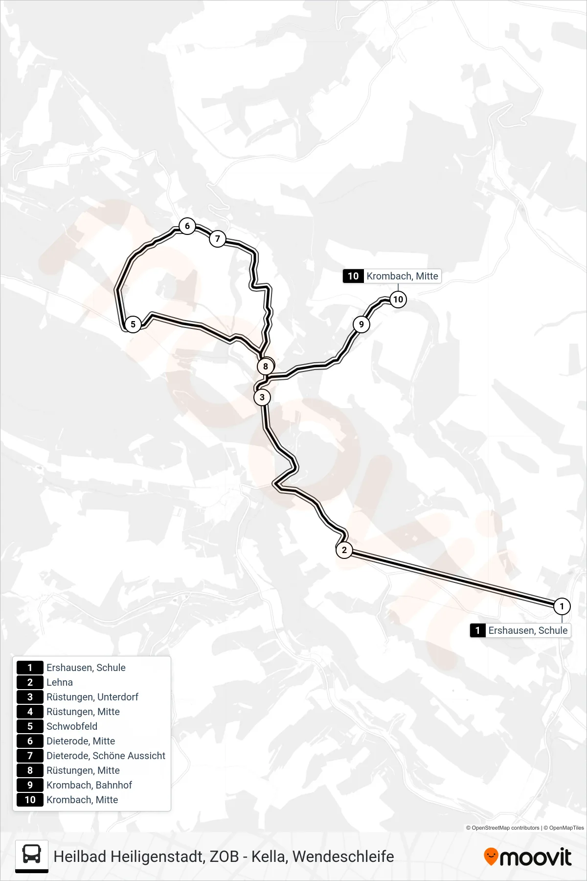 Linie 9 (Bus) Richtung Krombach, Mitte: Route und Haltestellen auf der Karte