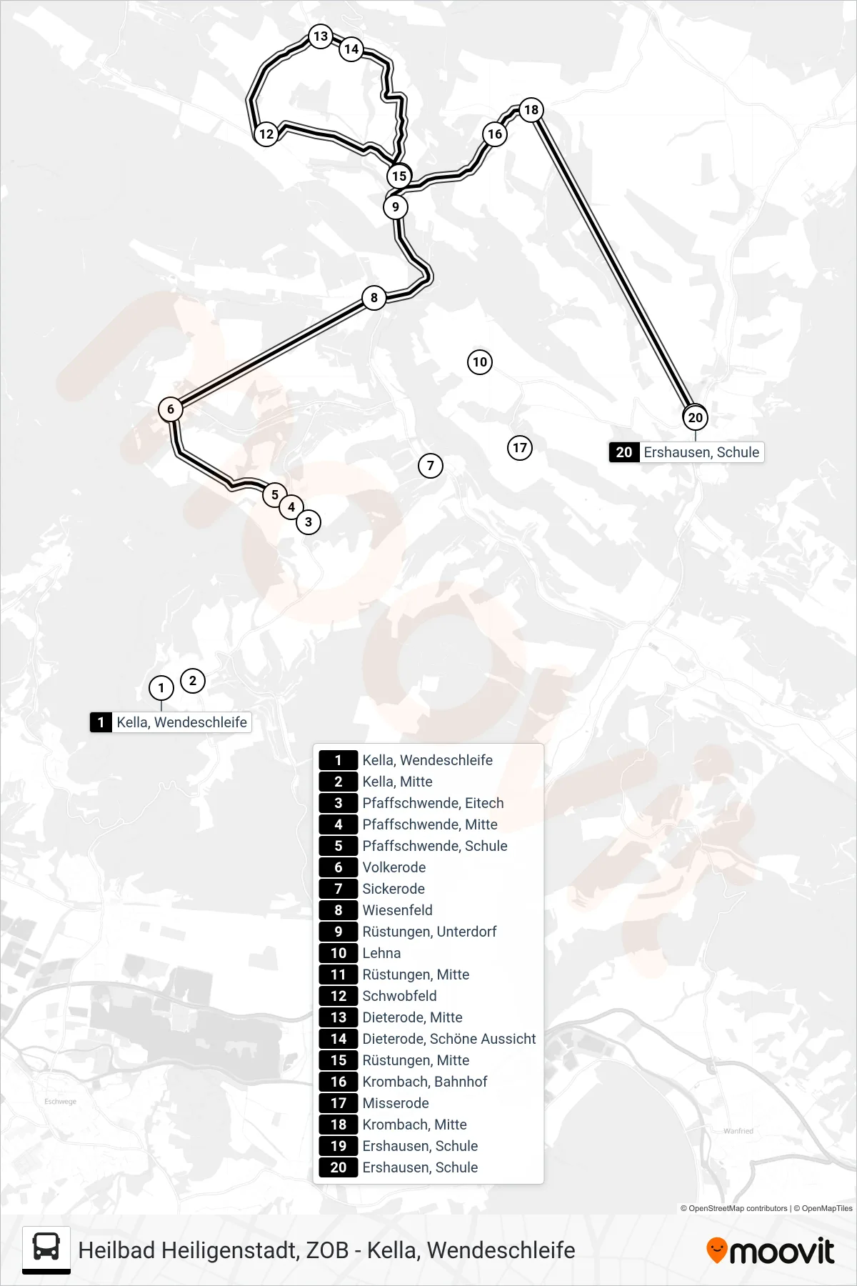 9 bus Line (Ershausen, Schule) route and stops on a map