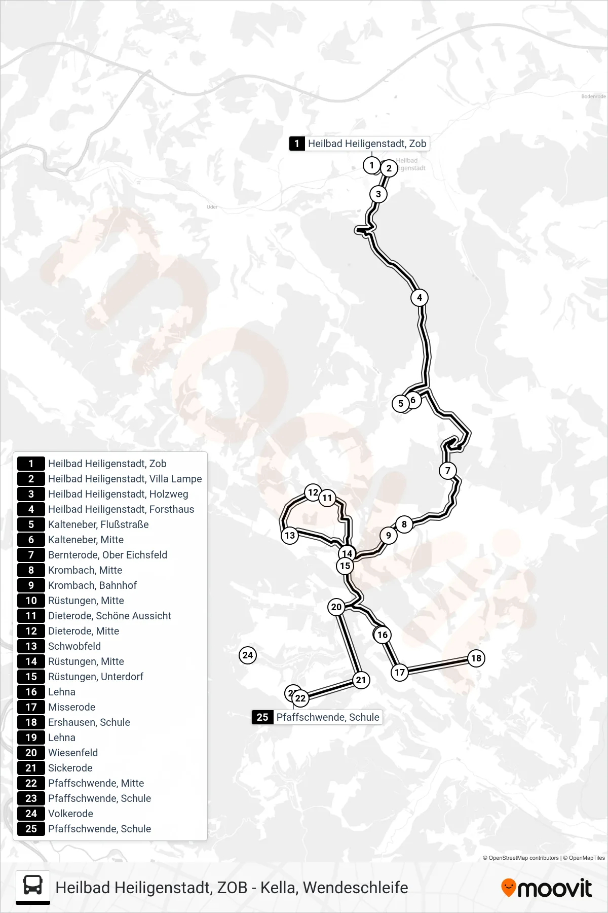 9 bus Line (Pfaffschwende, Schule) route and stops on a map