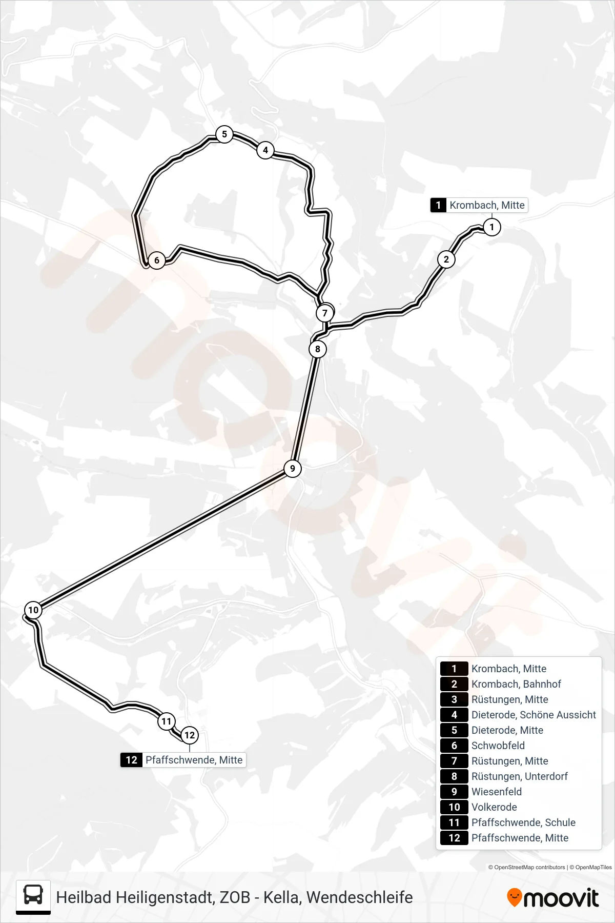 Linie 9 (Bus) Richtung Pfaffschwende, Mitte: Route und Haltestellen auf der Karte