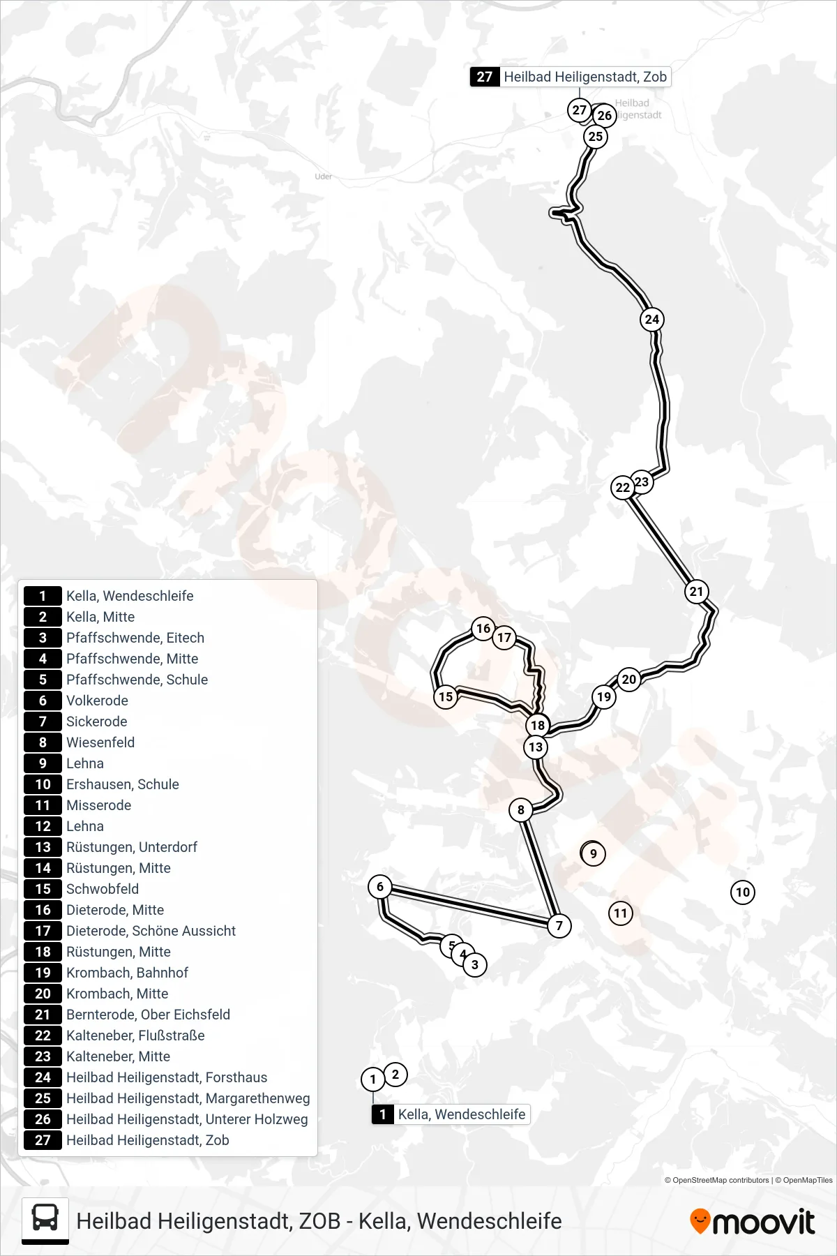 Linie 9 (Bus) Richtung Heilbad Heiligenstadt, Zob: Route und Haltestellen auf der Karte