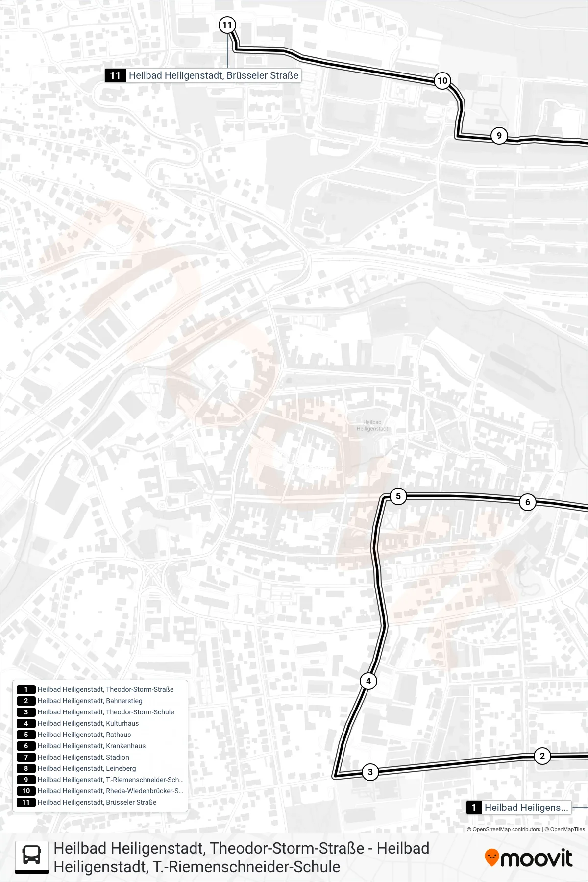 A bus Line (Heilbad Heiligenstadt, Brüsseler Straße) route and stops on a map