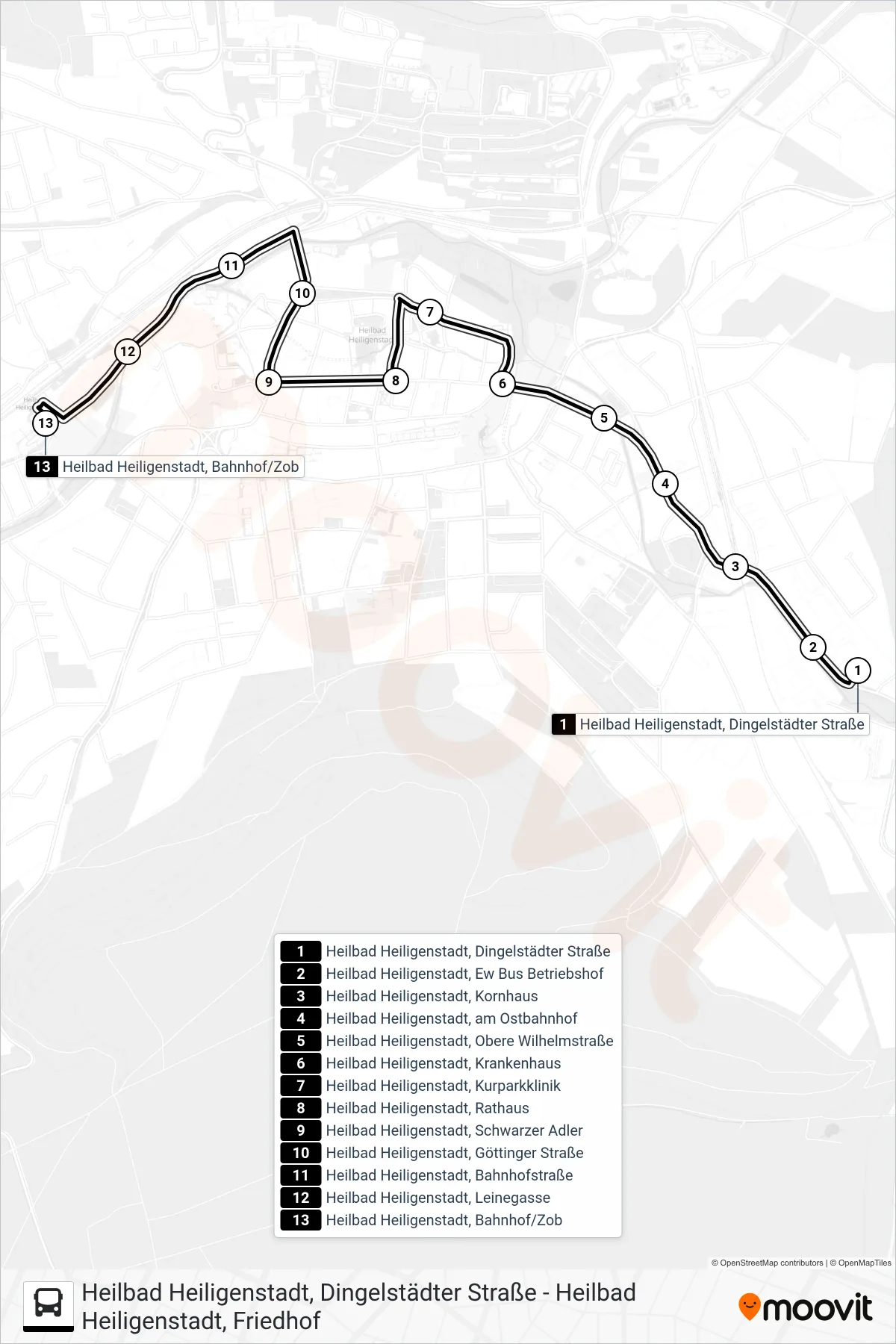 B bus Line (Heilbad Heiligenstadt, Bahnhof/Zob) route and stops on a map