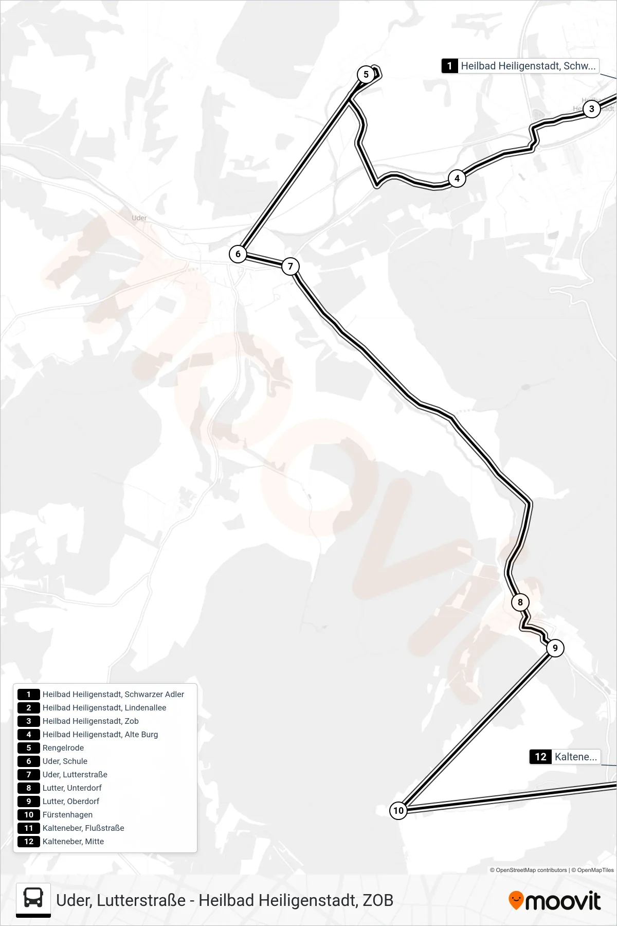 12 bus Line (Kalteneber, Mitte) route and stops on a map