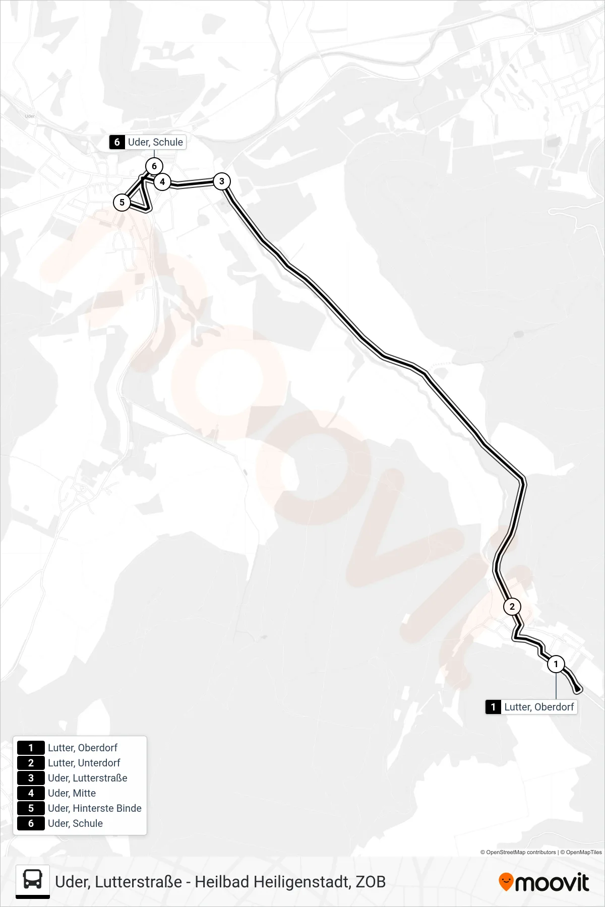 12 bus Line (Uder, Schule) route and stops on a map