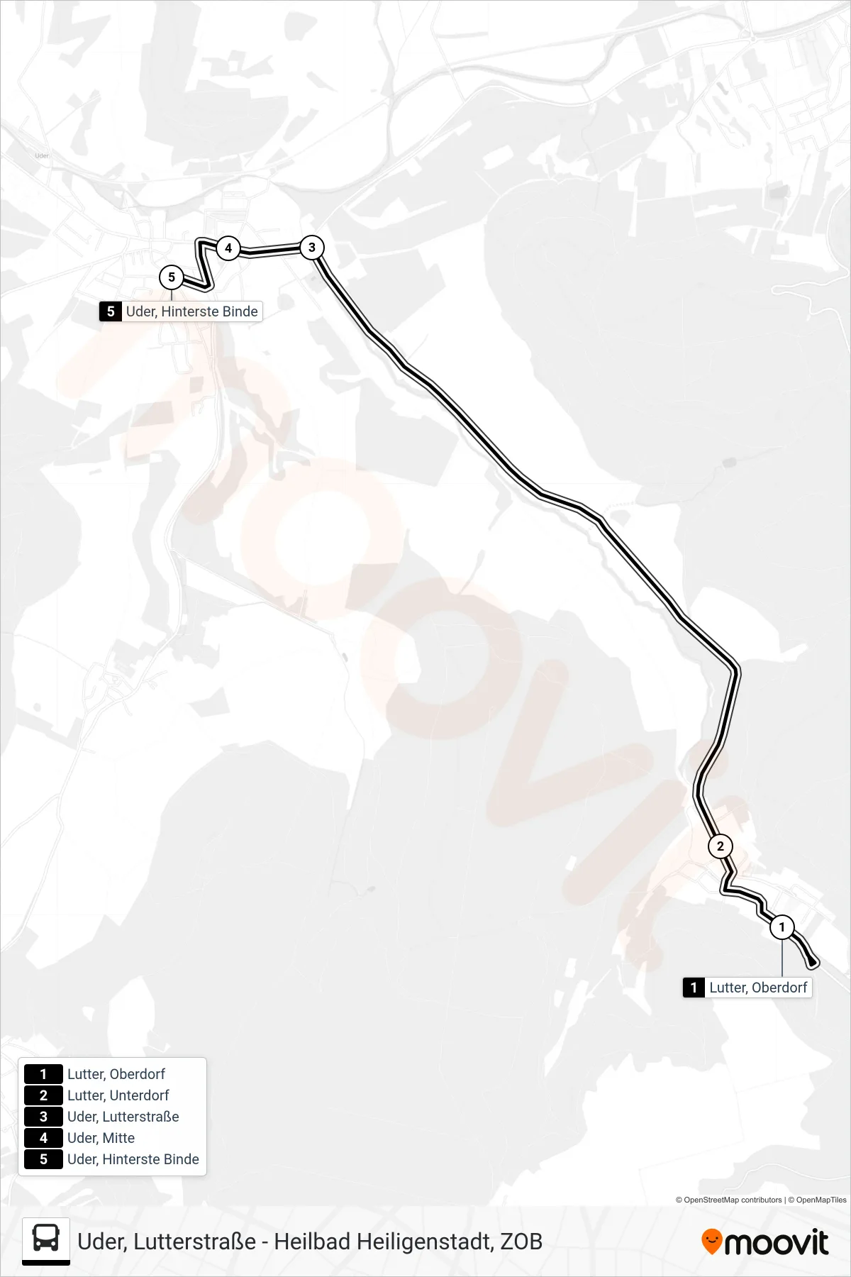 12 bus Line (Uder, Hinterste Binde) route and stops on a map