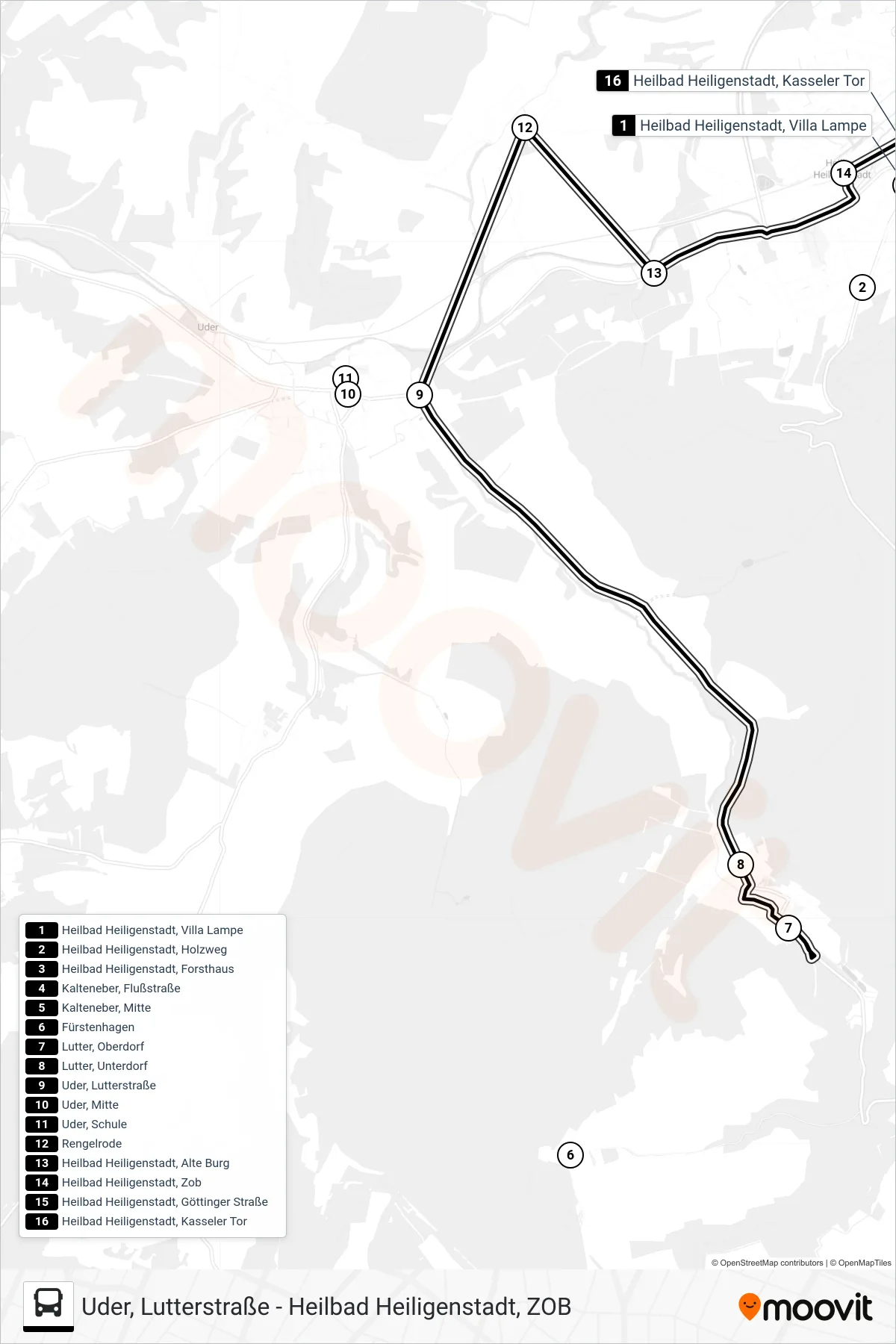12 bus Line (Heilbad Heiligenstadt, Kasseler Tor) route and stops on a map
