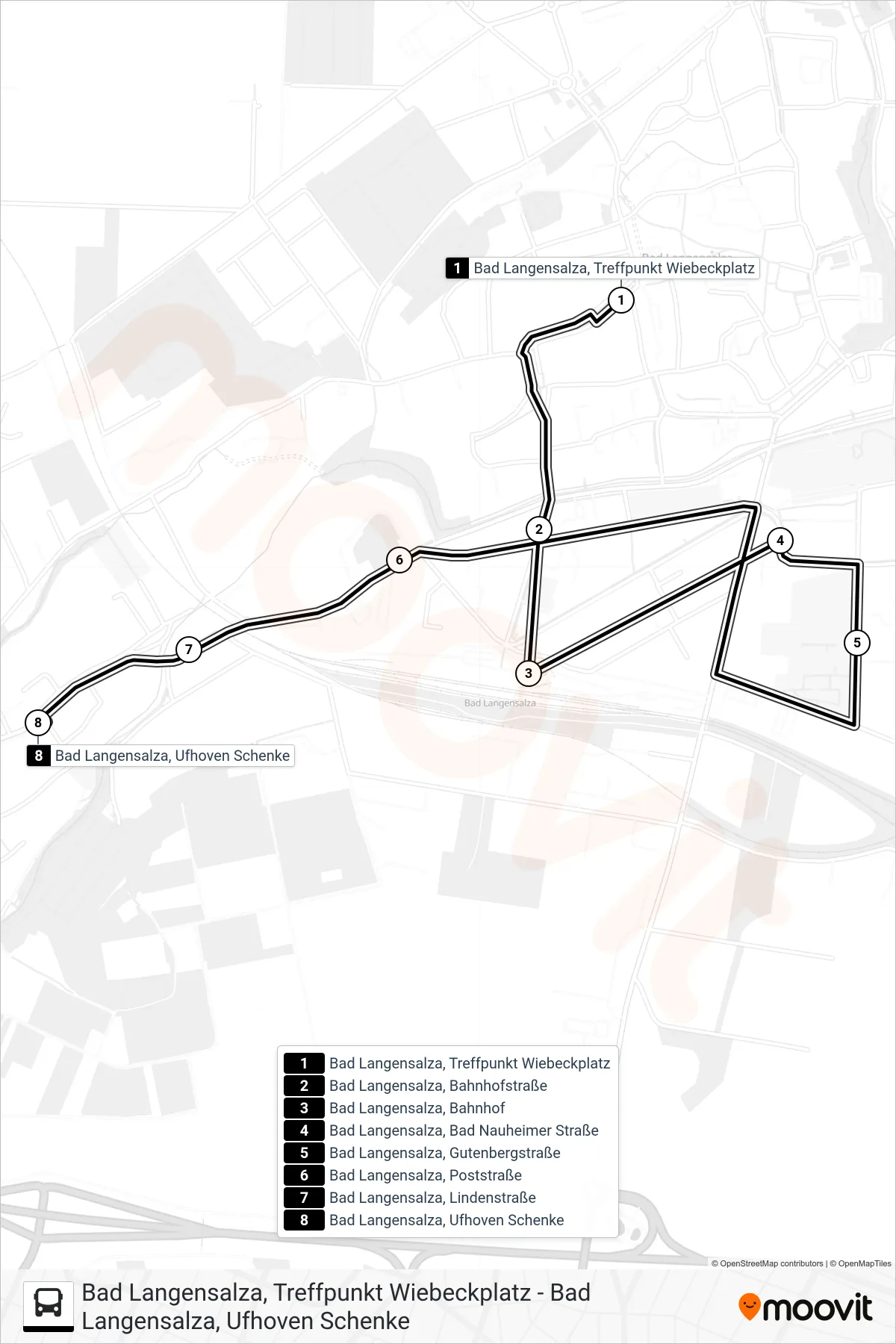 B bus Line (Bad Langensalza, Ufhoven Schenke) route and stops on a map