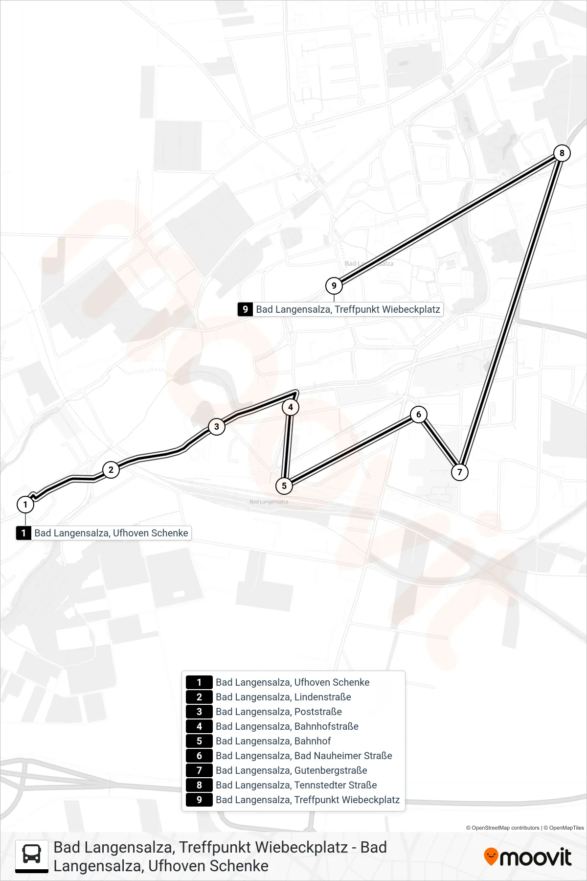 B bus Line (Bad Langensalza, Treffpunkt Wiebeckplatz) route and stops on a map