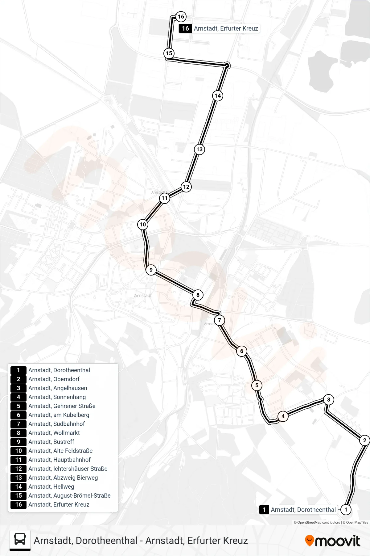 Linie 2 (Bus) Richtung Arnstadt, Erfurter Kreuz: Route und Haltestellen auf der Karte