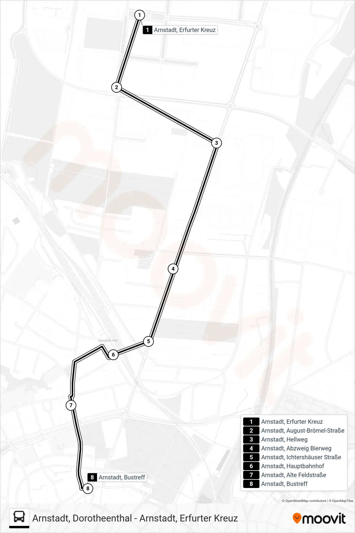 2 bus Line (Arnstadt, Bustreff) route and stops on a map
