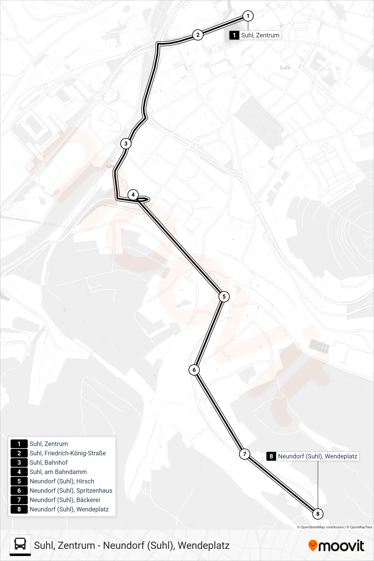 Linie E (Bus) Richtung Neundorf (Suhl), Wendeplatz: Route und Haltestellen auf der Karte
