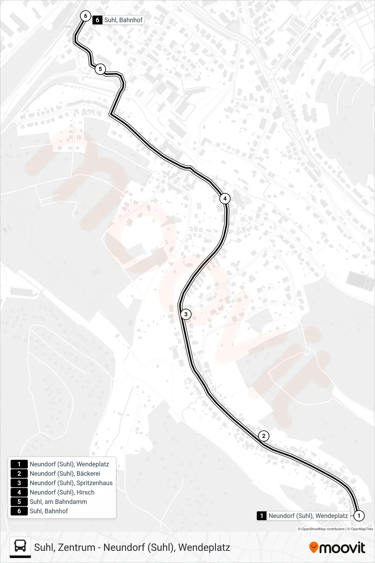 E bus Line (Suhl, Bahnhof) route and stops on a map