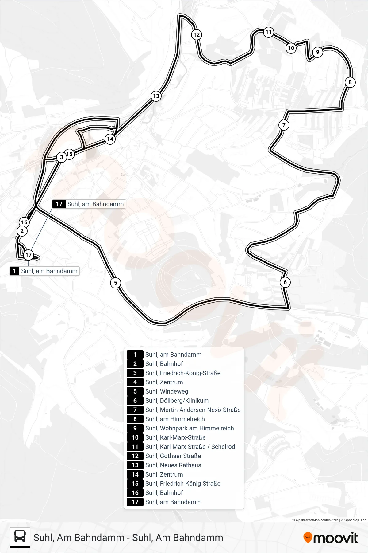 A2 bus Line (Suhl, am Bahndamm) route and stops on a map