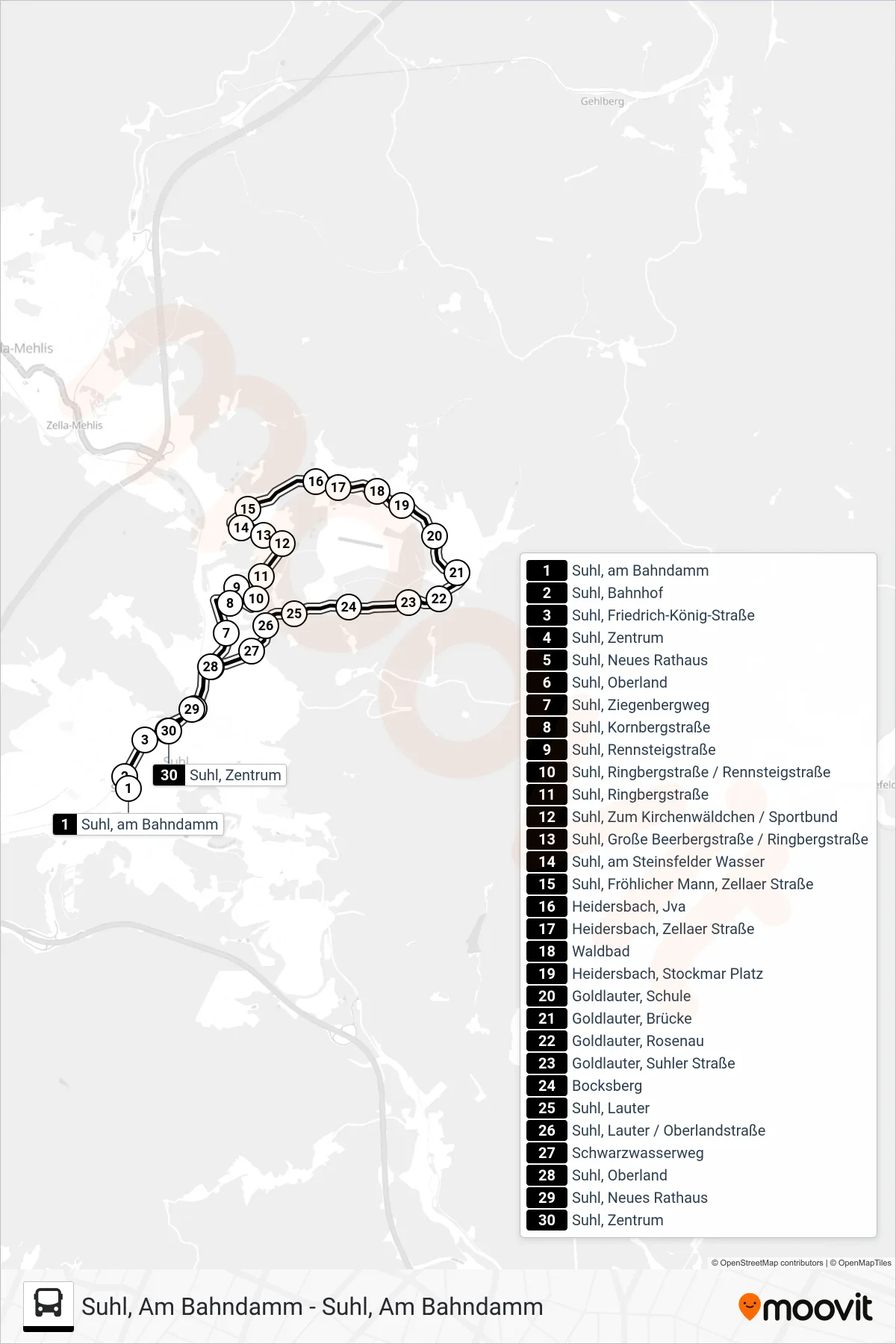 Linie D2 (Bus) Richtung Suhl, Zentrum: Route und Haltestellen auf der Karte
