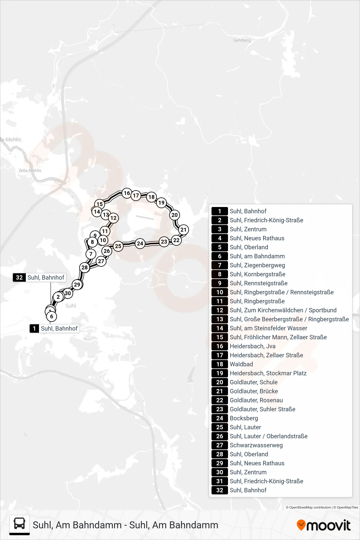 D2 bus Line (Suhl, am Bahndamm) route and stops on a map