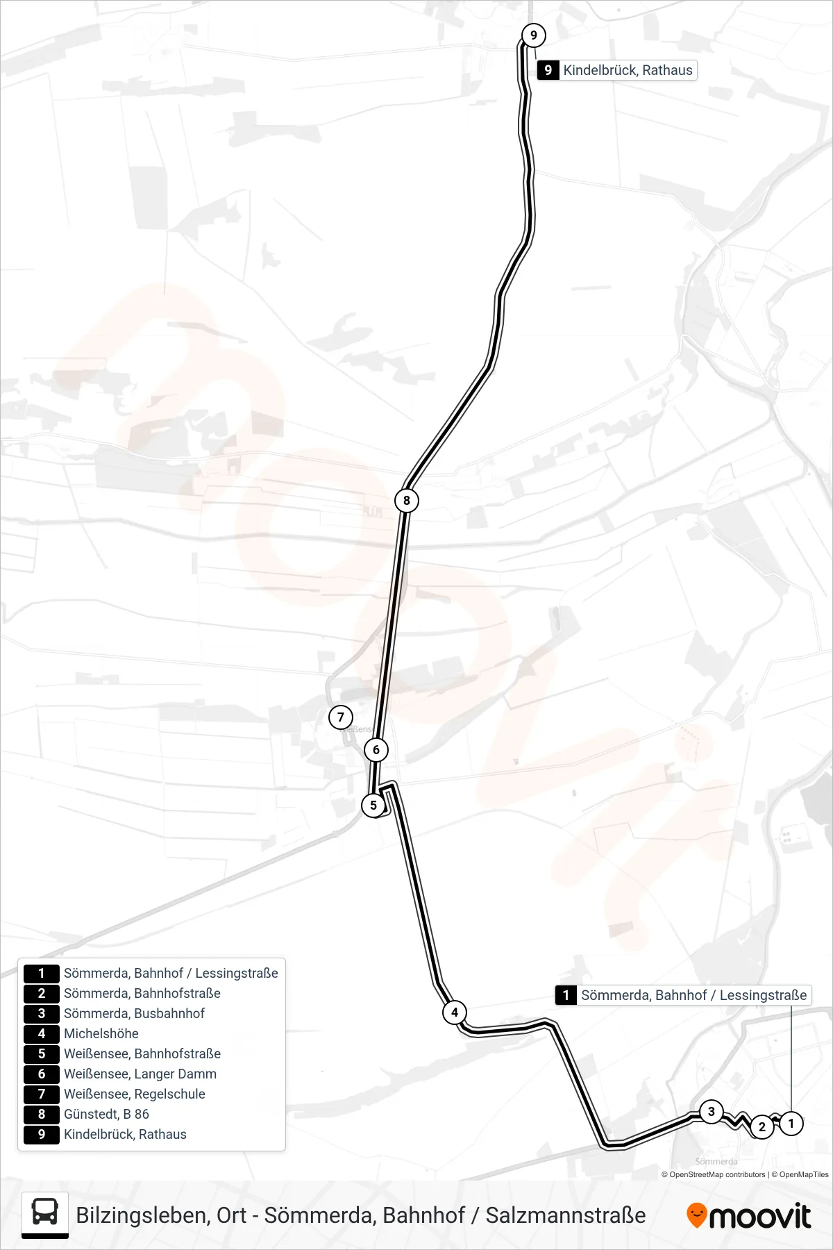 201 bus Line (Kindelbrück, Rathaus) route and stops on a map