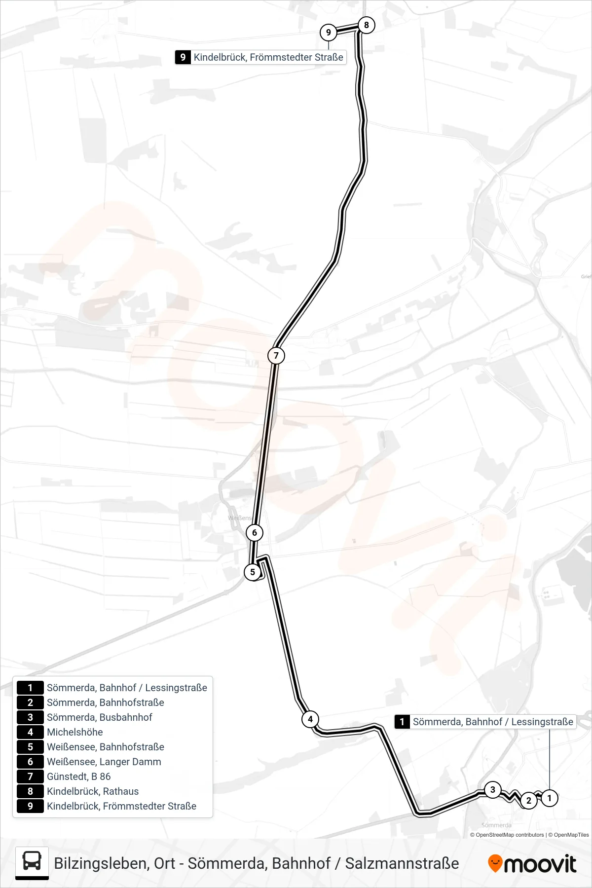 201 bus Line (Kindelbrück, Frömmstedter Straße) route and stops on a map