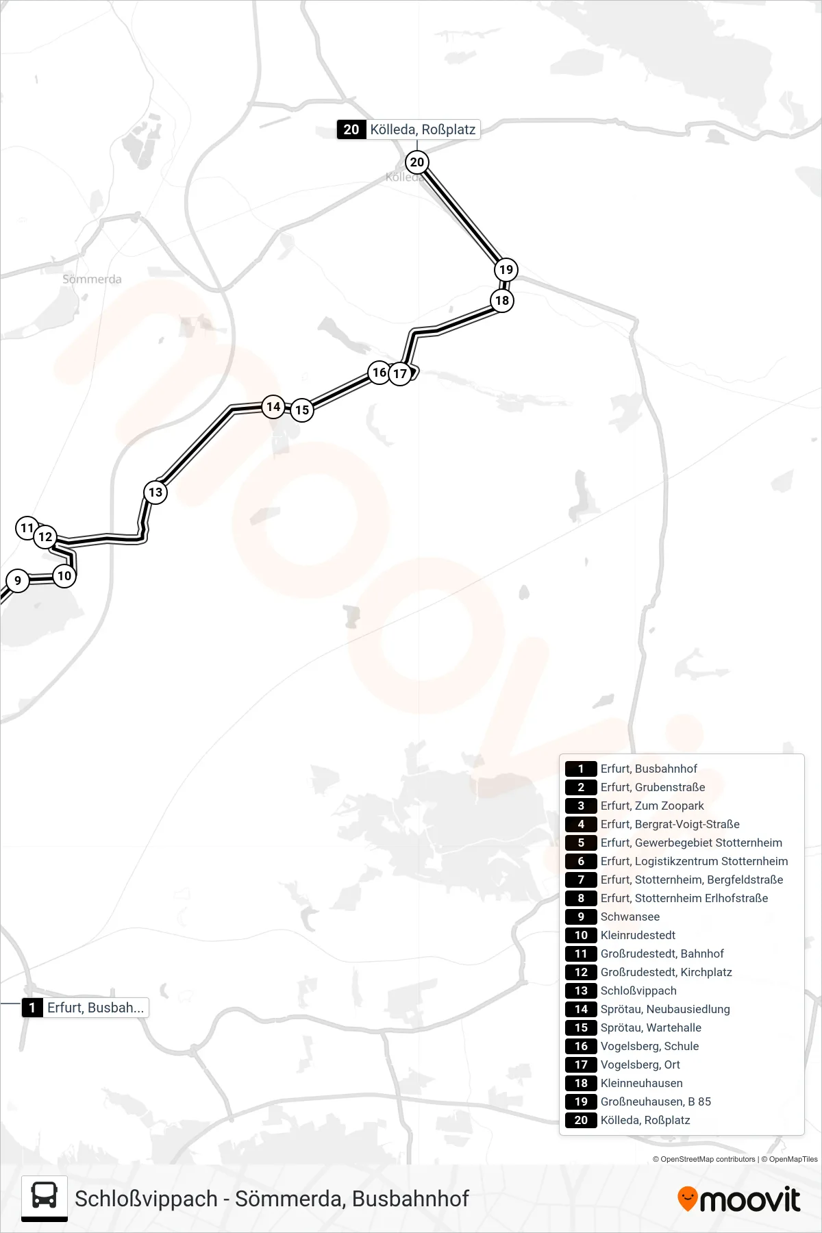 208 bus Line (Kölleda, Roßplatz) route and stops on a map