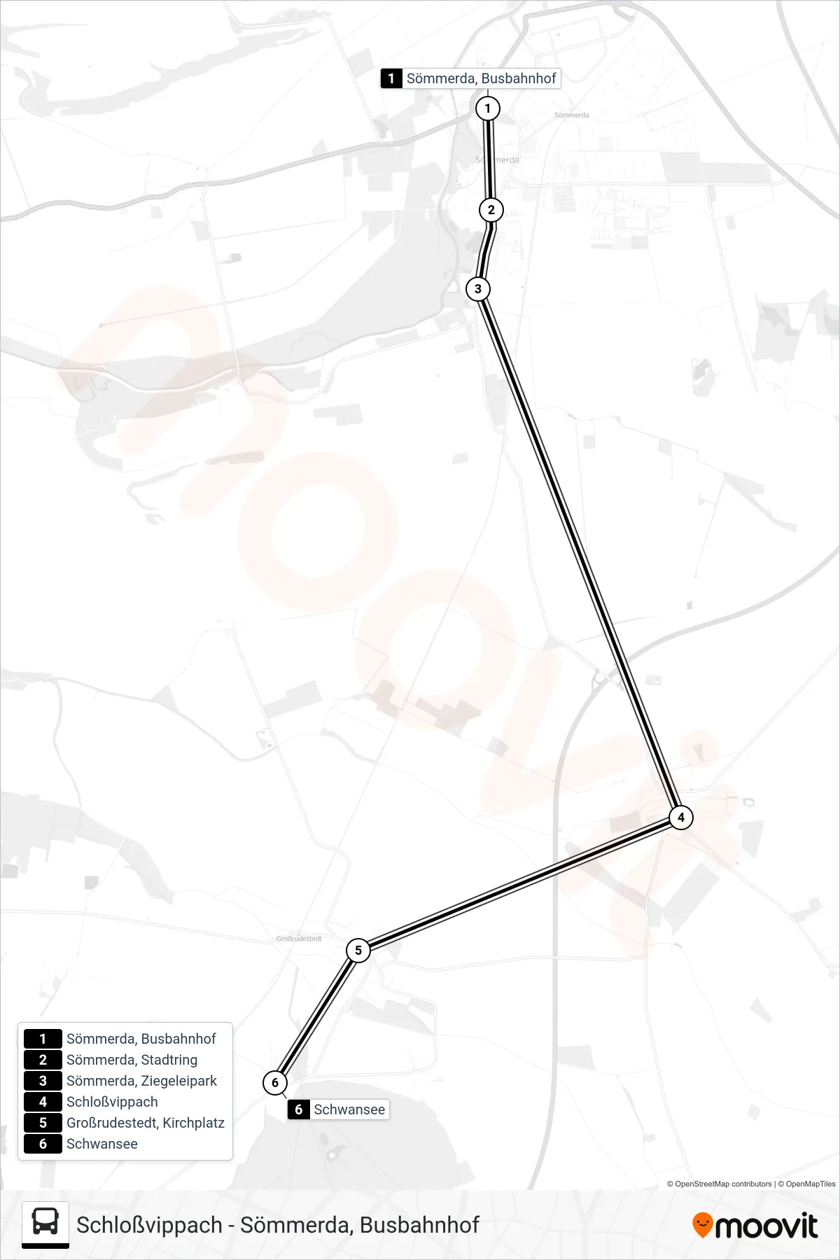 208 bus Line (Schwansee) route and stops on a map