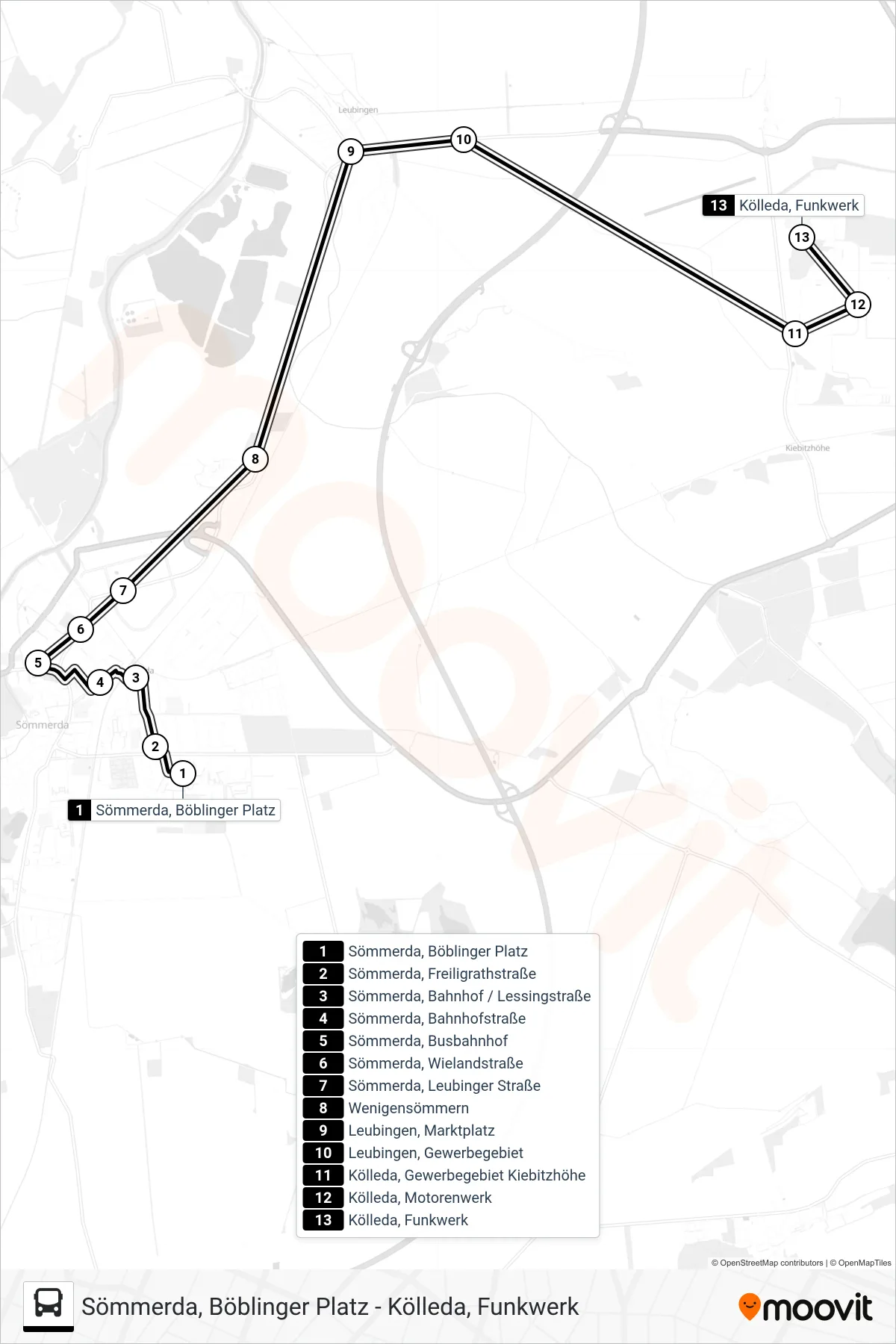 212 bus Line (Kölleda, Funkwerk) route and stops on a map