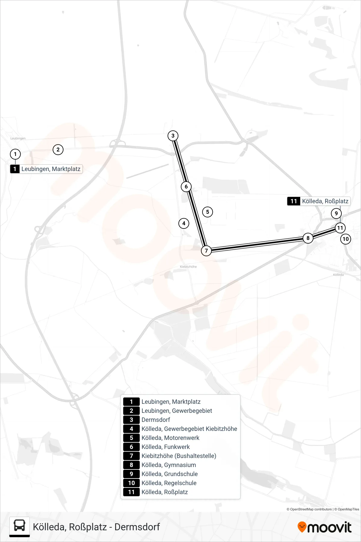 215 bus Line (Kölleda, Roßplatz) route and stops on a map