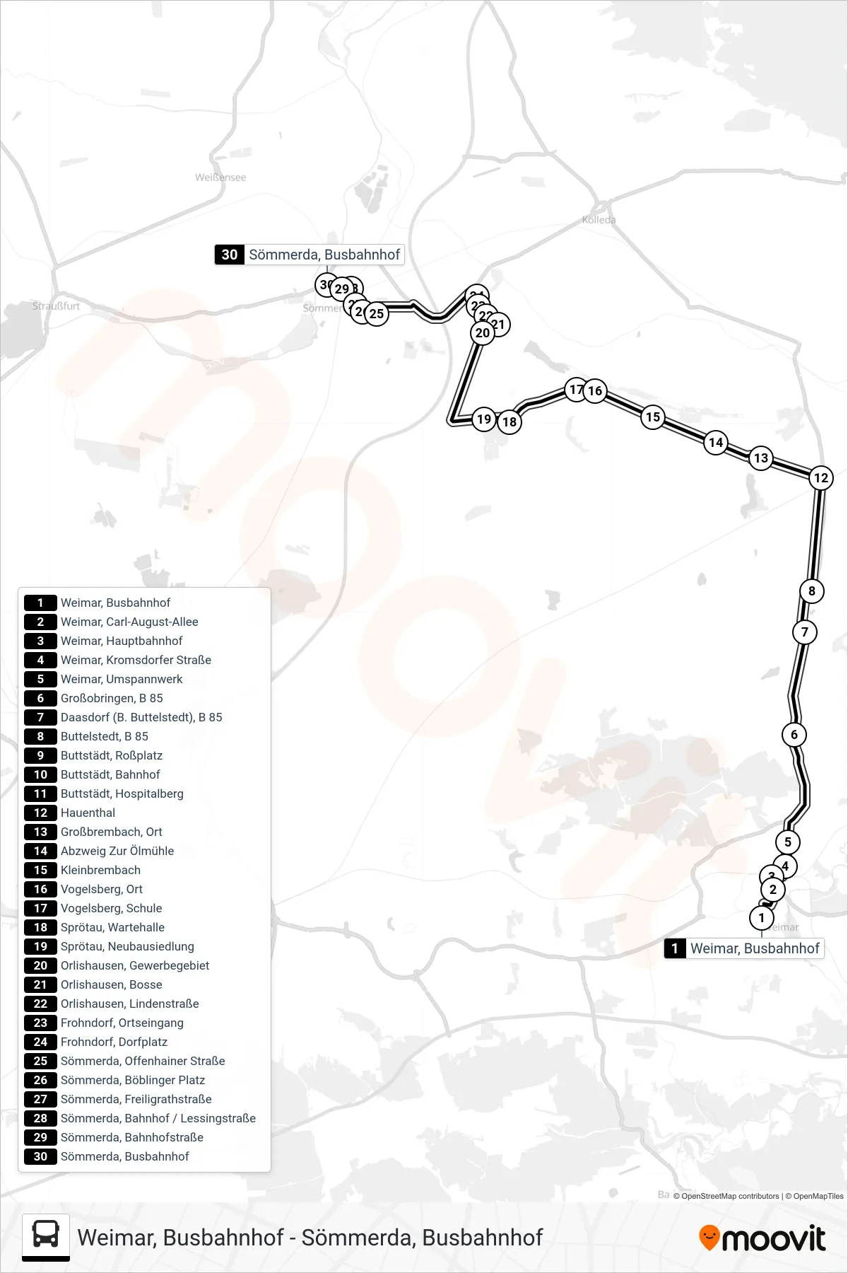 216 bus Line (Sömmerda, Busbahnhof) route and stops on a map