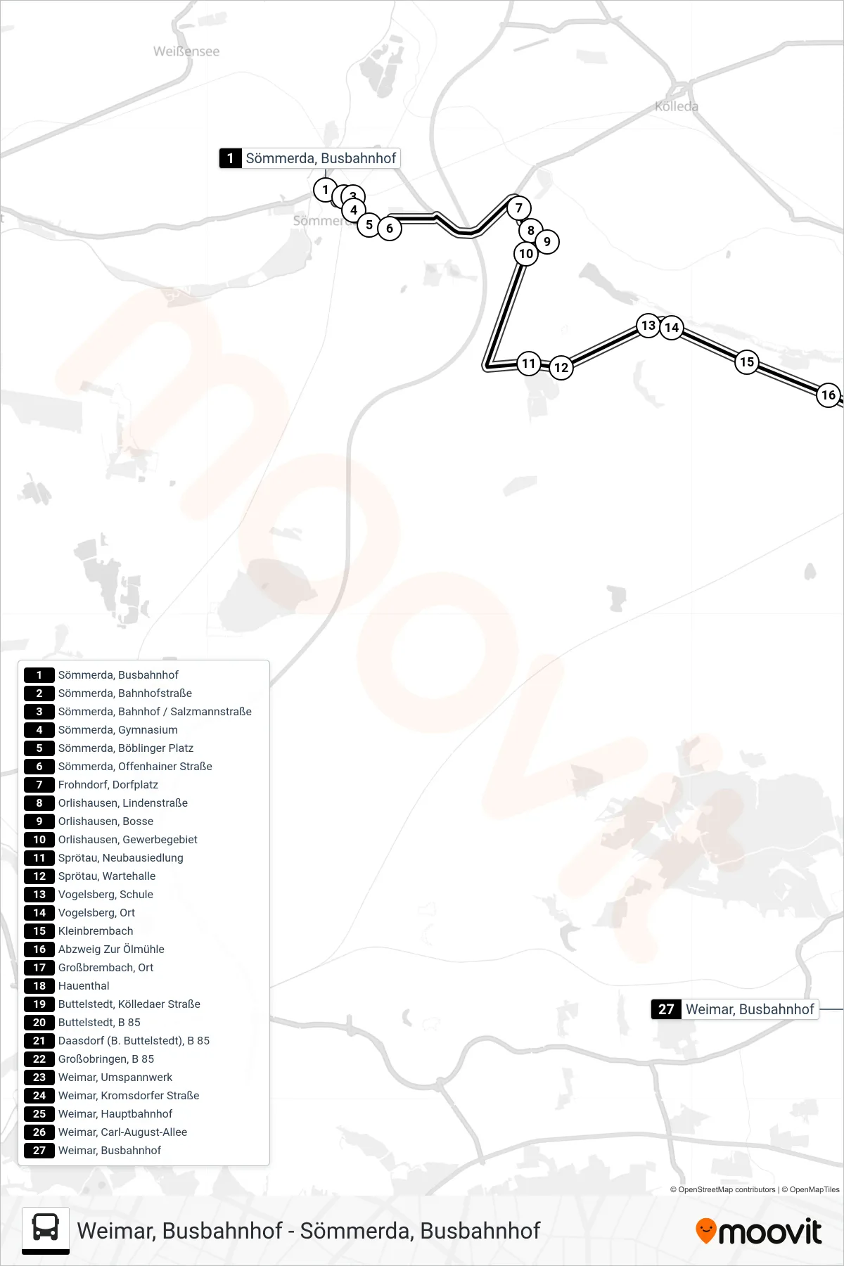 216 bus Line (Weimar, Busbahnhof) route and stops on a map