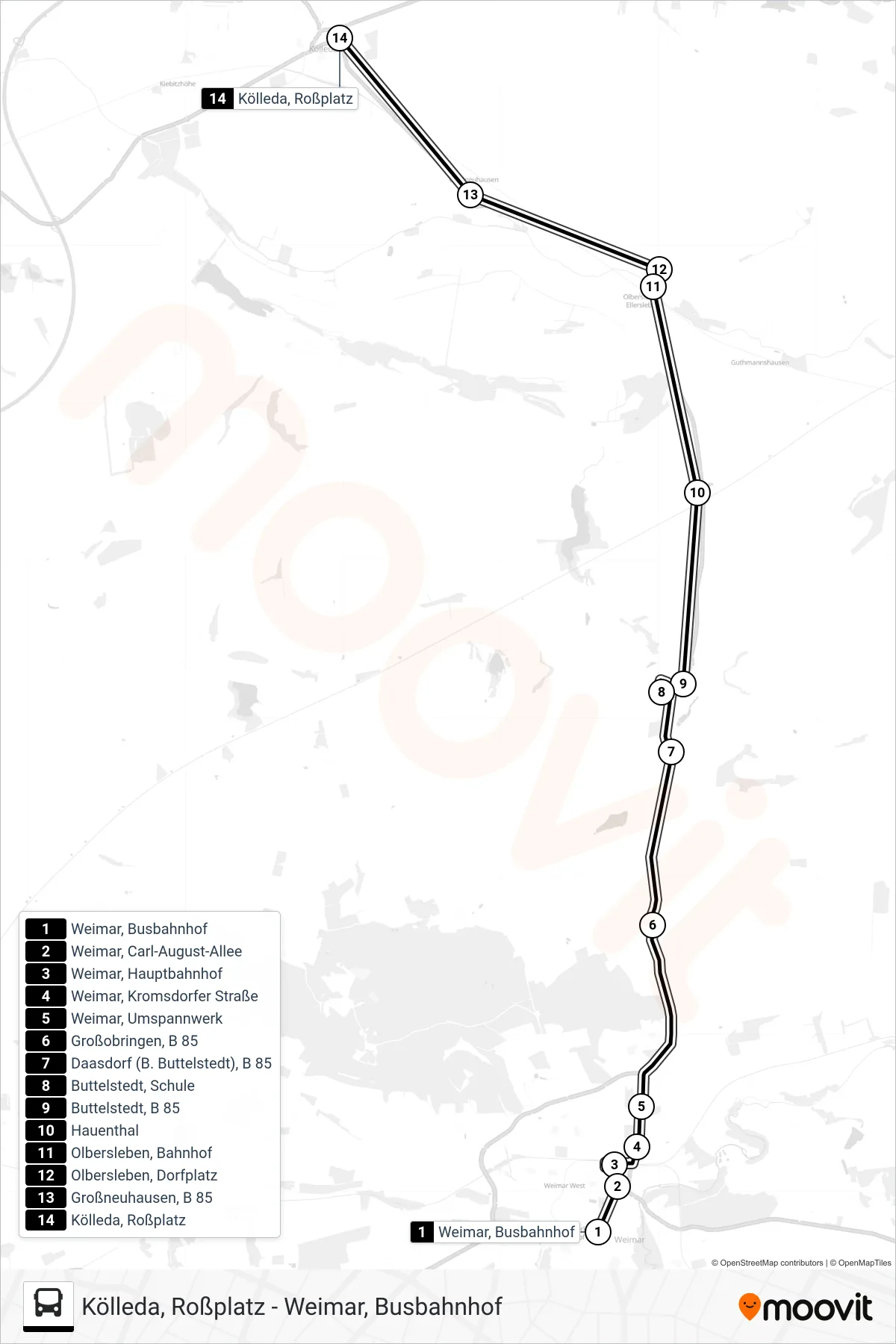 231 bus Line (Kölleda, Roßplatz) route and stops on a map
