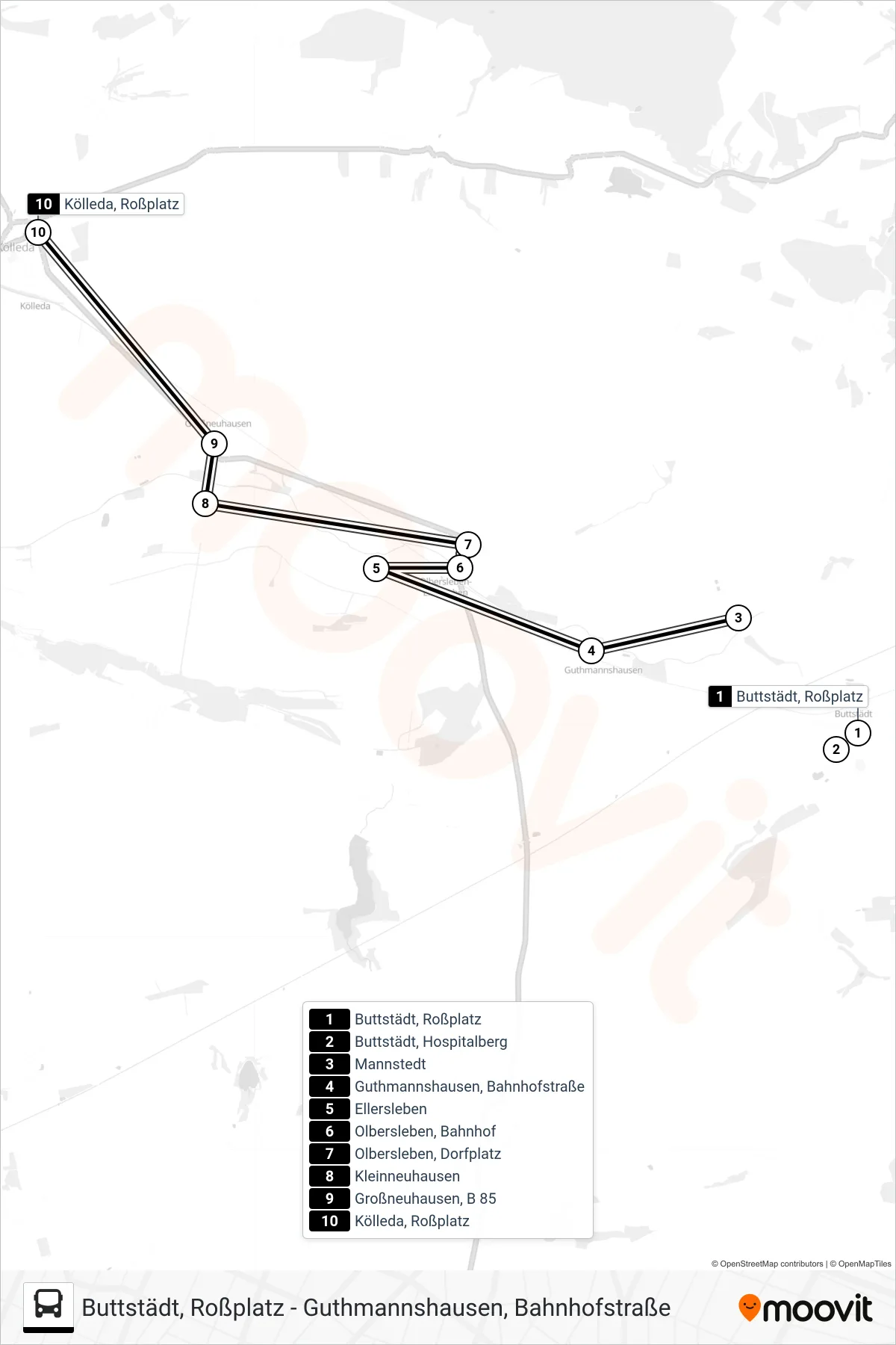 277 bus Line (Kölleda, Roßplatz) route and stops on a map