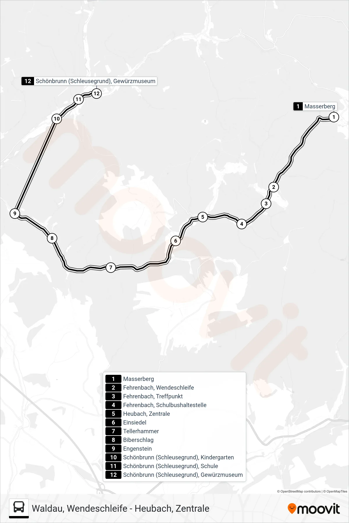 Linie 206 (Bus) Richtung Schönbrunn (Schleusegrund), Gewürzmuseum: Route und Haltestellen auf der Karte