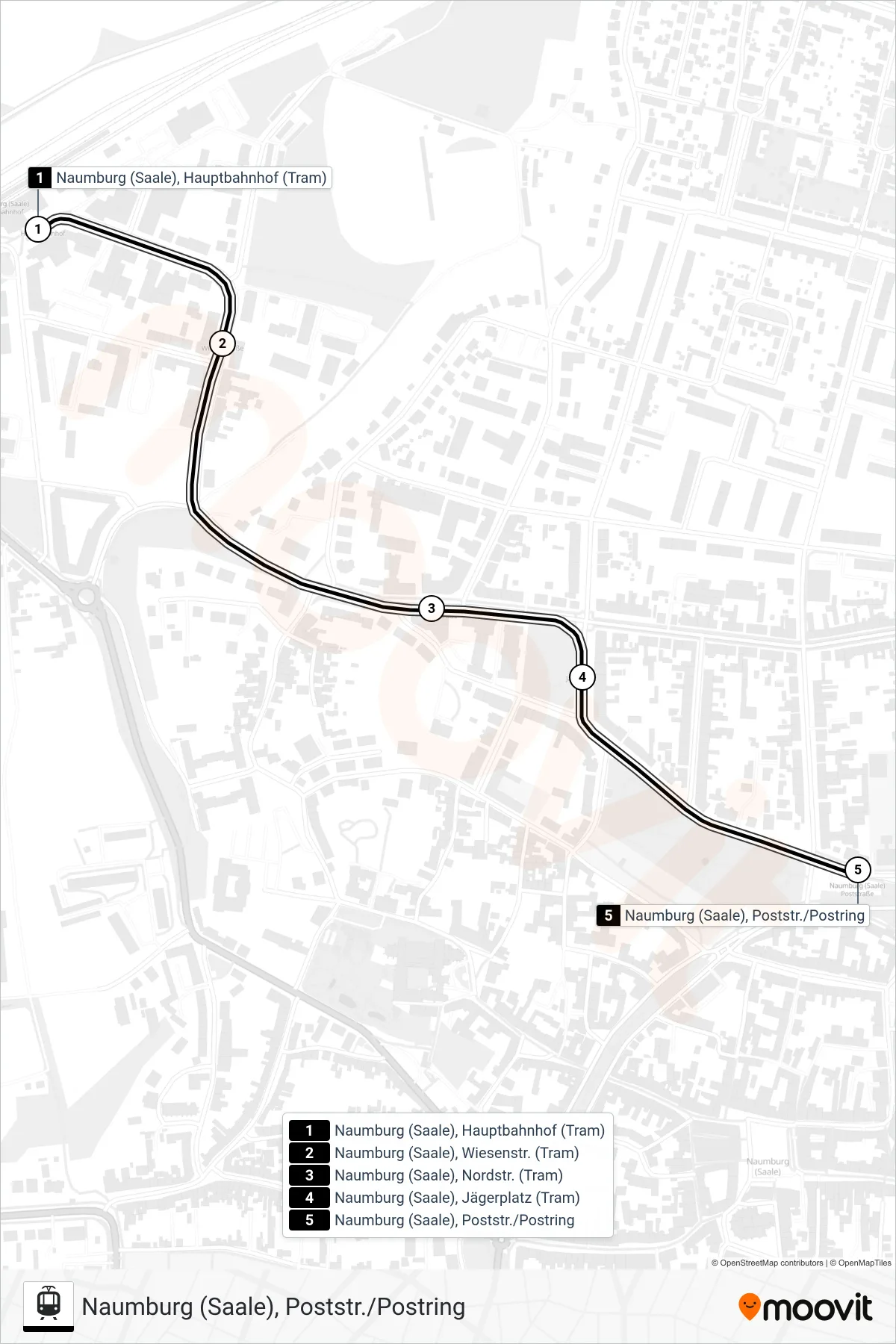 Linie 4 (Straßenbahn) Richtung Naumburg (Saale), Poststr./Postring: Route und Haltestellen auf der Karte