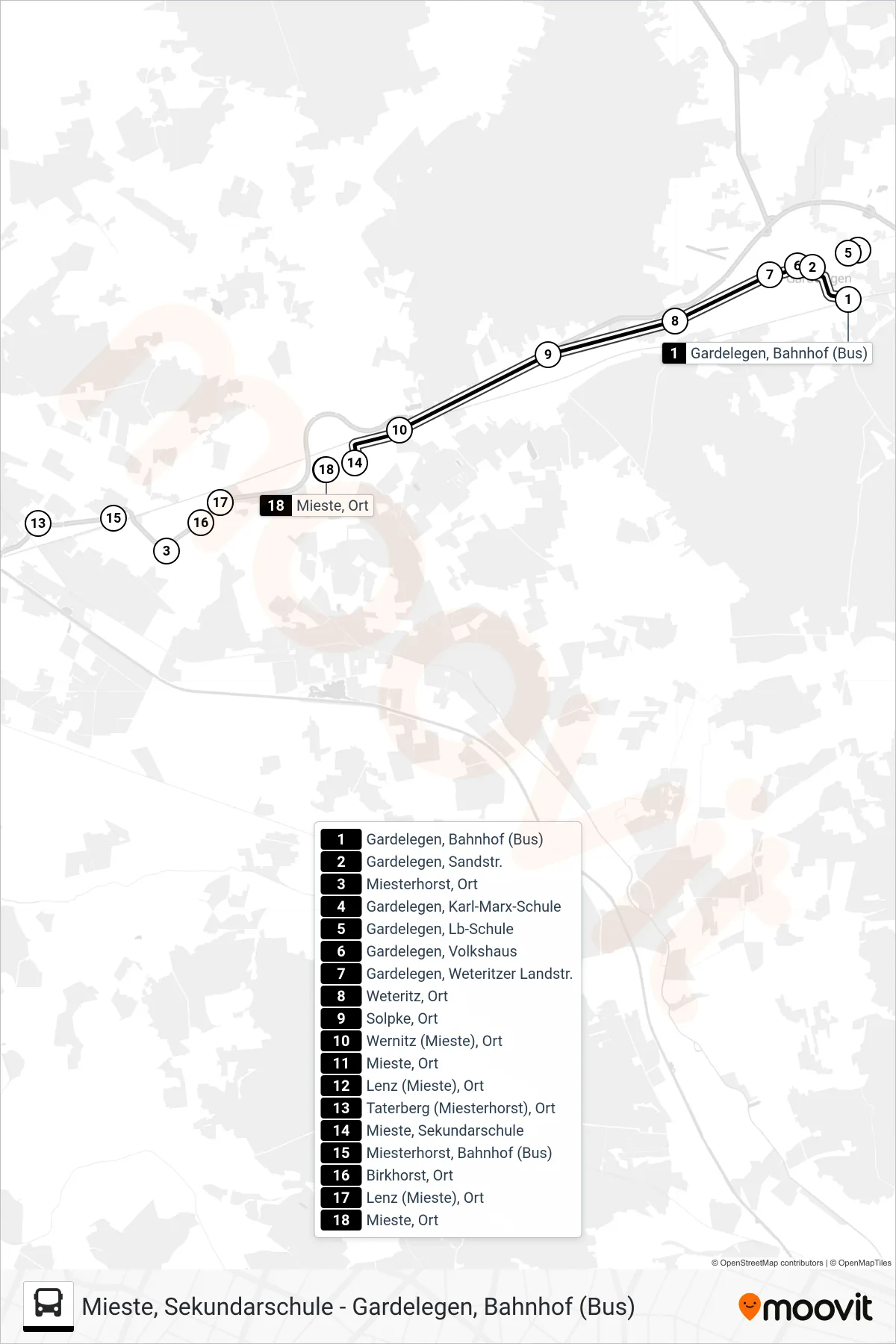 Linie 710 (Bus) Richtung Mieste Üb. Solpke: Route und Haltestellen auf der Karte
