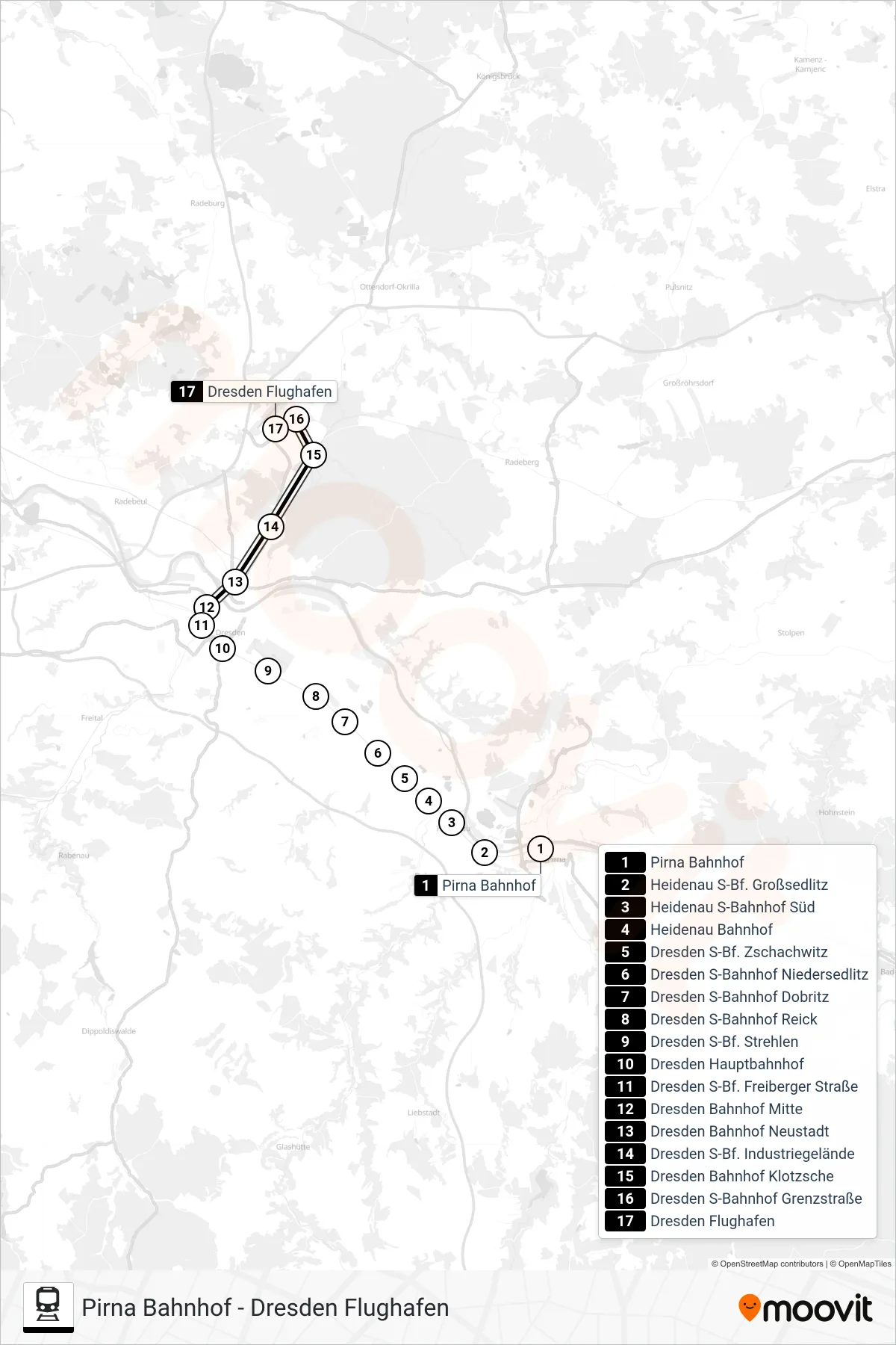 Linie S2 (Bahn) Richtung Dresden Flughafen: Route und Haltestellen auf der Karte